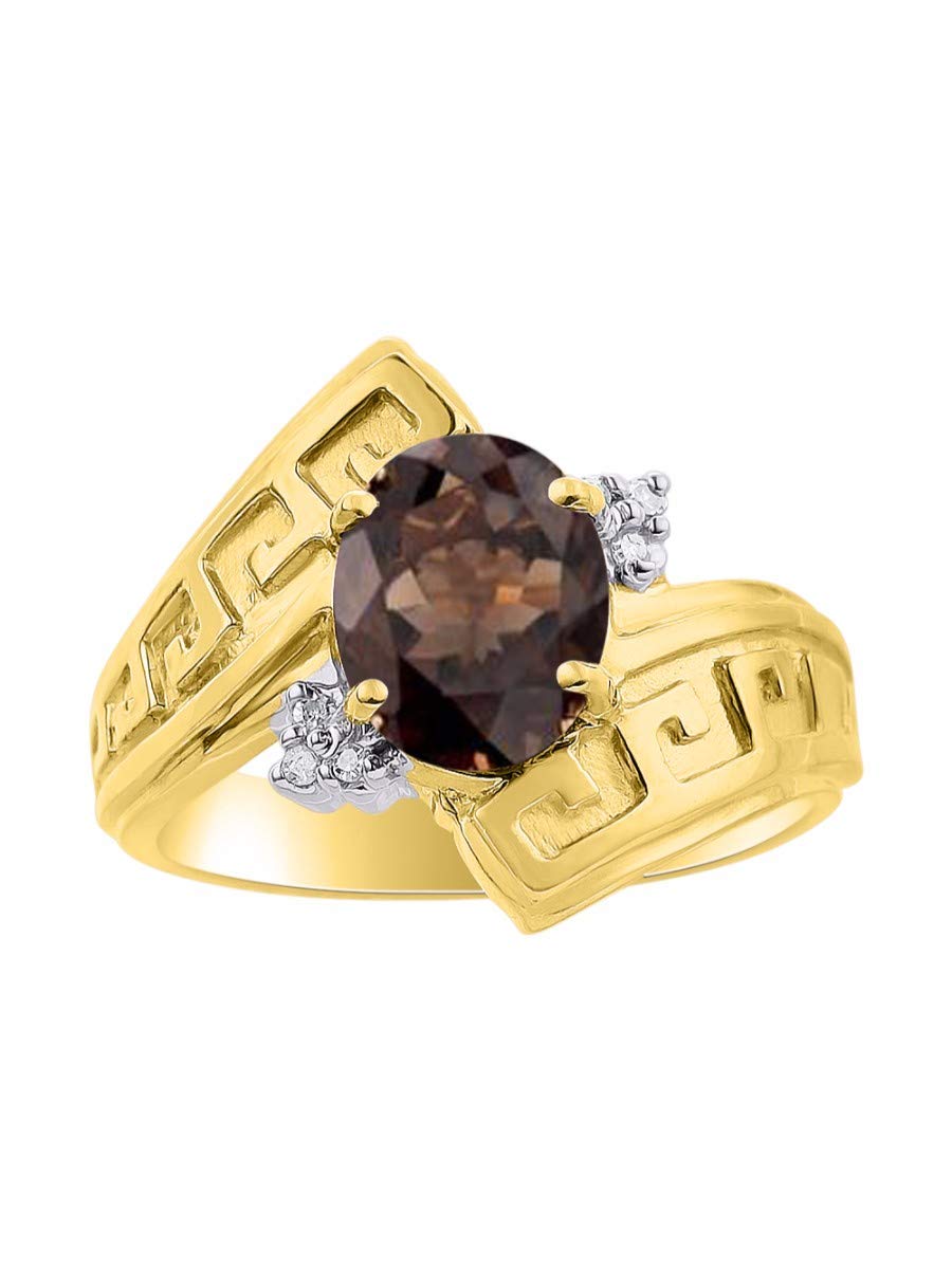 Rylos Greek Key Designer Ring for Women - 9X7MM Gemstone & Diamond Accent in Yellow Gold Plated Silver - Sizes 5-10 - Perfect for Weddings, Parties & Special Occasions