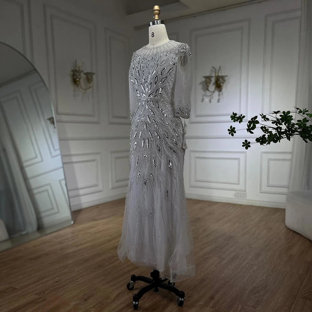 Elegant Arabic Silver White Beaded Evening Gown for Women - Luxury Dubai Style Ankle Length Wedding Party Dress 2025 LA71999S | Perfect for Formal Events, Galas, and Special Occasions