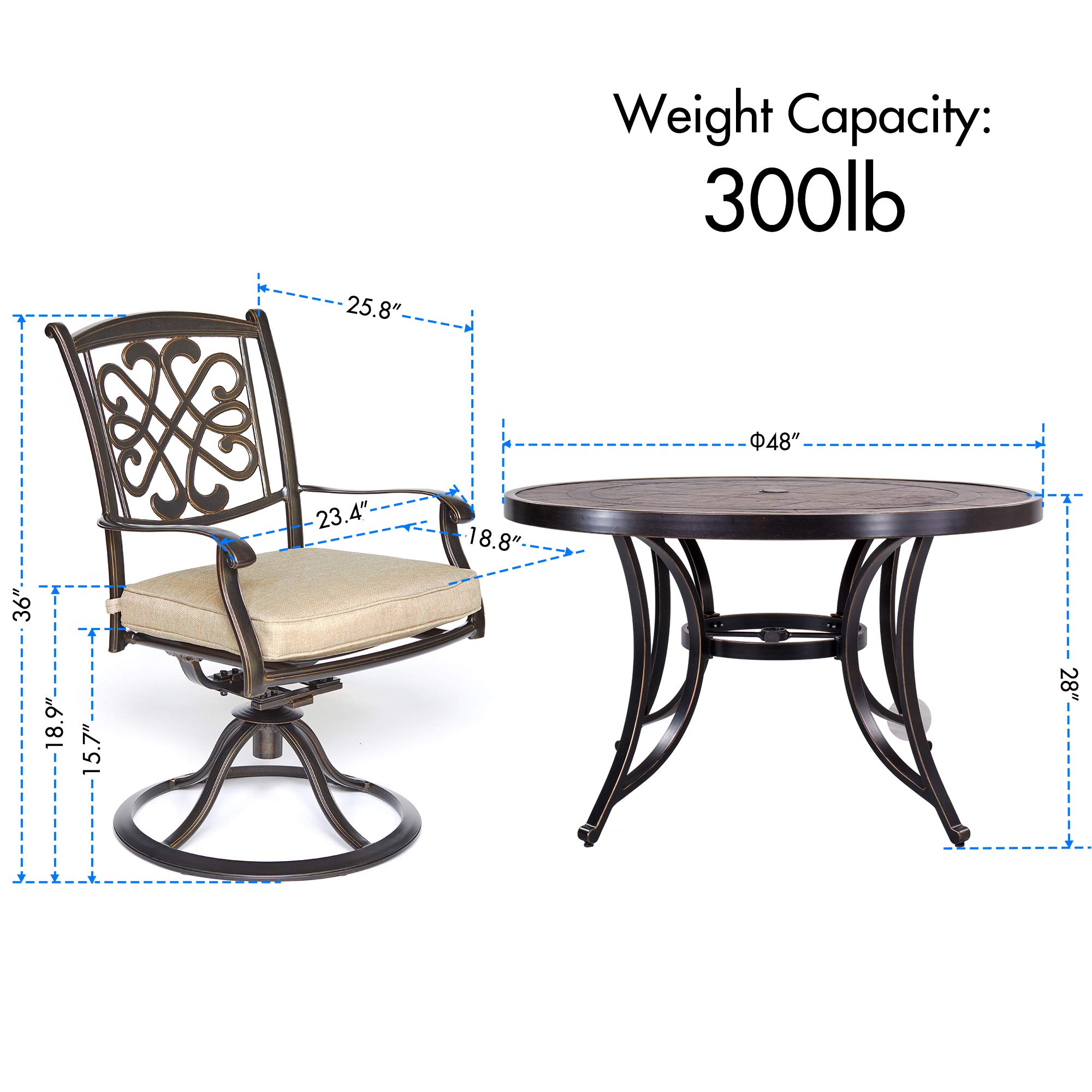 DALI Outdoor 5-Piece Dining Set - Aluminum Patio Furniture with Deep Cushioned Swivel Rocker Chairs & 48-Inch Round CraftTech Table | Perfect for Backyard, Garden, Poolside & Outdoor Entertaining