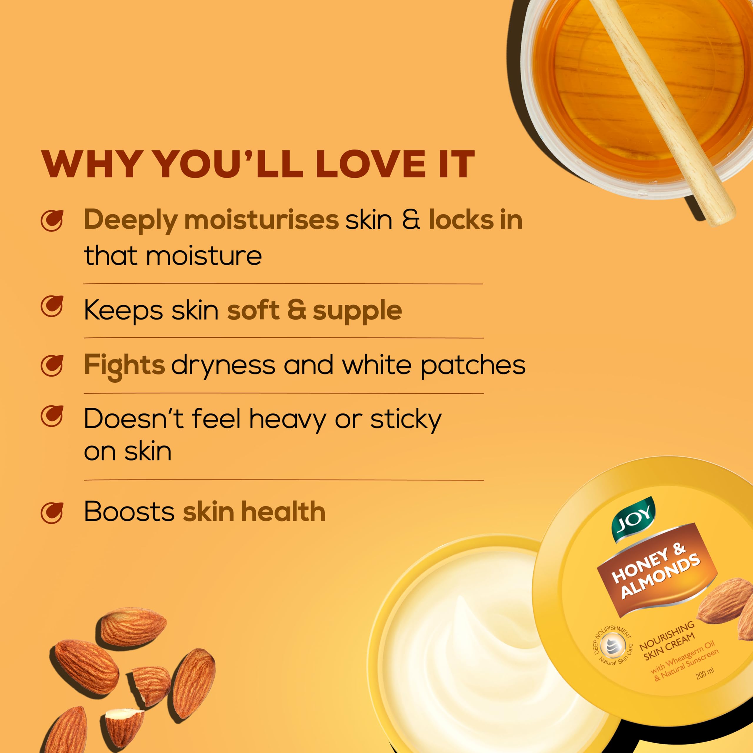 Joy Honey & Almonds Deep Nourishing Moisturizer for Face, Hands & Body (500ml) – Natural Sunscreen Cold Cream for Glowing Skin, Protects Against Dryness & Retains Moisture Balance | Perfect for Daily Hydration, Winter Skin Care & Sun Protection