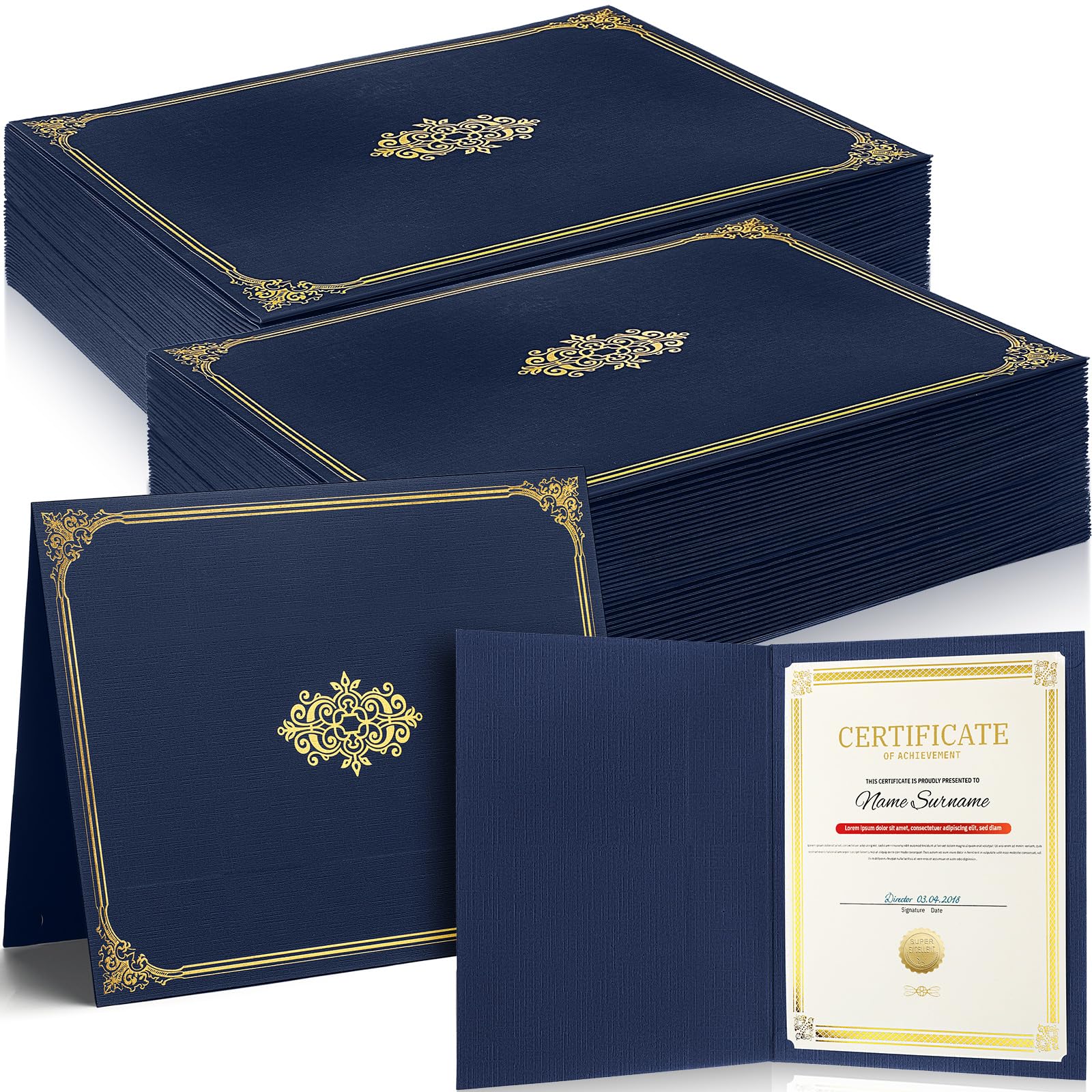 Premium 100-Pack Navy Blue Certificate Holders with Gold Foil Border - 8.5