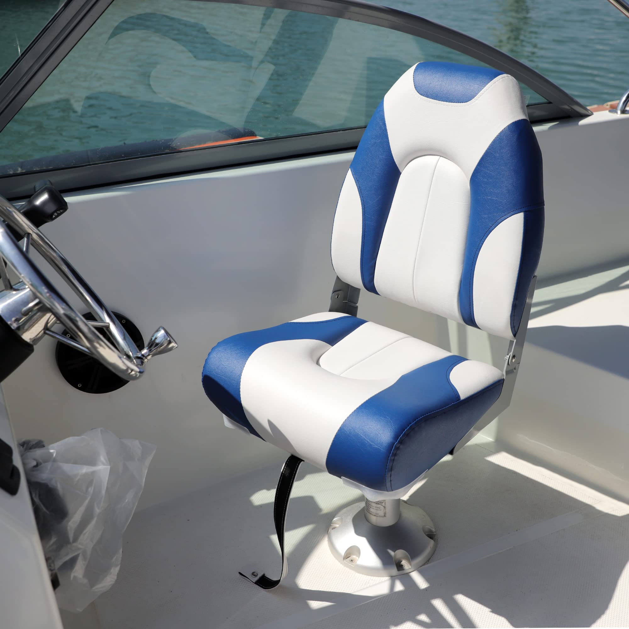 Premium High Back Folding Boat Seat for Fishing & Boating - Heavy Duty Marine Grade with Stainless Steel Hardware - Perfect for Pontoon, Deck & Offshore Boats