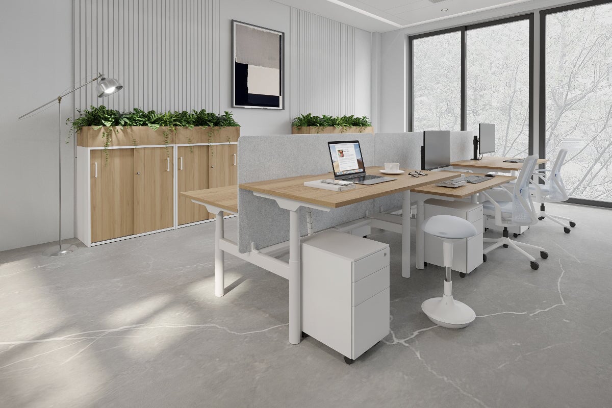 Flexi Premium Height Adjustable 6-Person H Bench Workstation - White Frame [1600L x 800W with Cable Management] - Ideal for Office, Coworking Spaces & Collaborative Work Environments