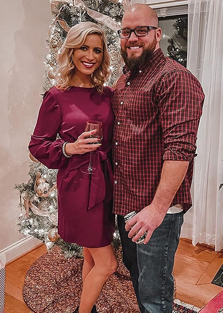 2024 Women's Elegant Long Lantern Sleeve Short Dress - Tie Waist Crewneck Cocktail Party Dress for Evening Events, Weddings & Date Nights