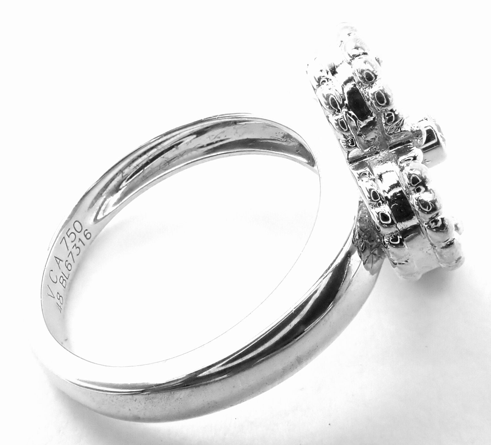 Authentic Van Cleef & Arpels Alhambra 18k White Gold Pink Opal Diamond Ring - Luxury Jewelry for Women, Perfect for Weddings, Anniversaries & Special Occasions