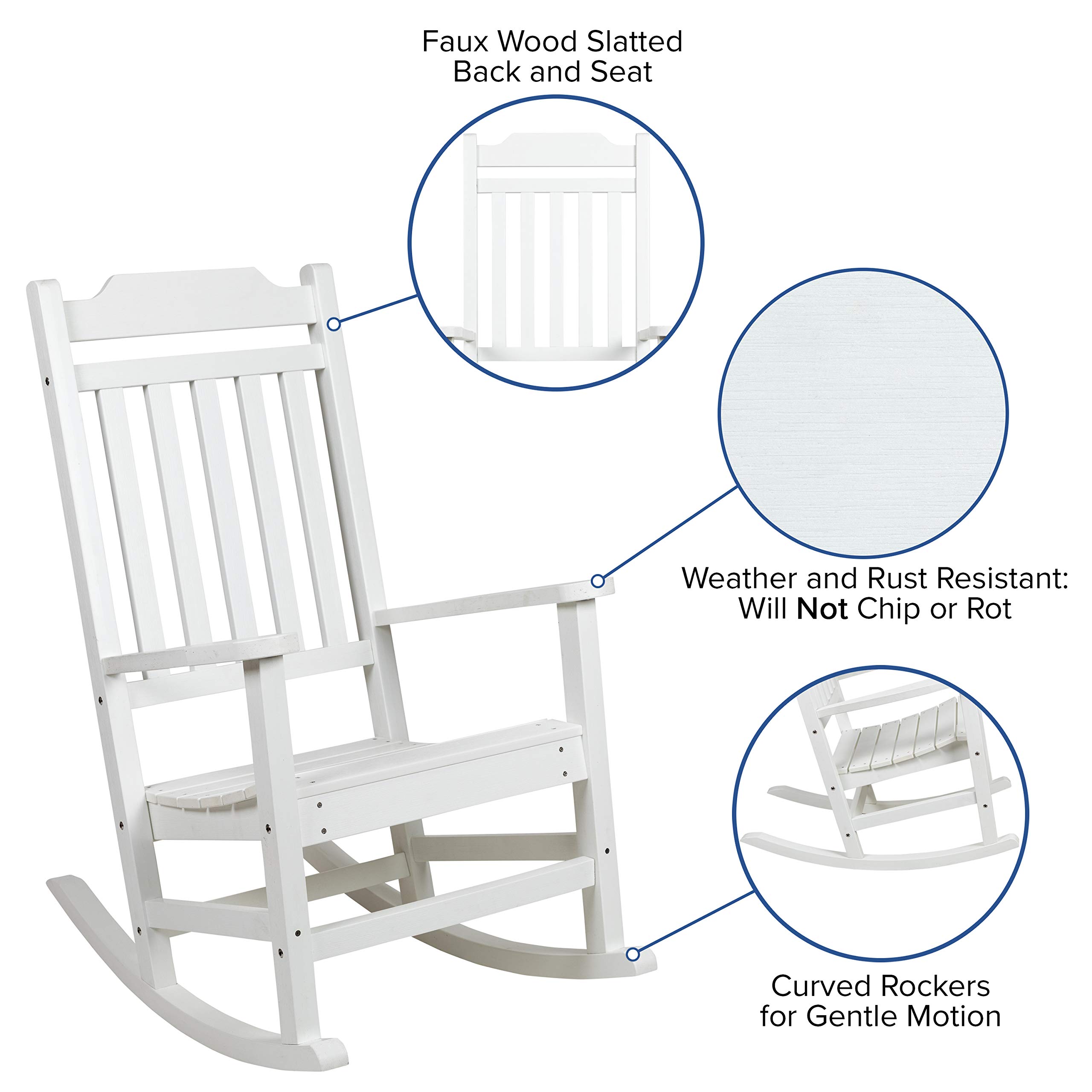 EMMA + OLIVER Set of 2 All-Weather White Poly Resin Rocking Chairs - Faux Wood Outdoor Patio Furniture for Garden, Porch & Backyard Relaxation