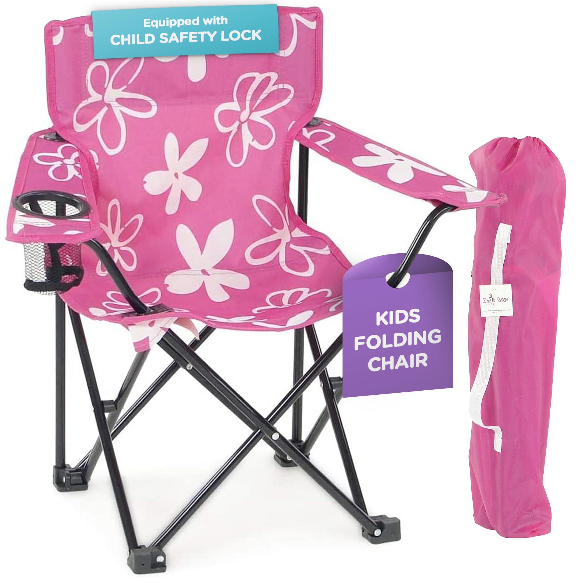 Emily Rose Kids Folding Chair with Safety Lock - Portable Pink Beach Chair for Girls & Toddlers with Cup Holder & Carry Bag - Perfect for Camping, Travel, Beach, Picnic, Tailgate, Indoor & Outdoor Use