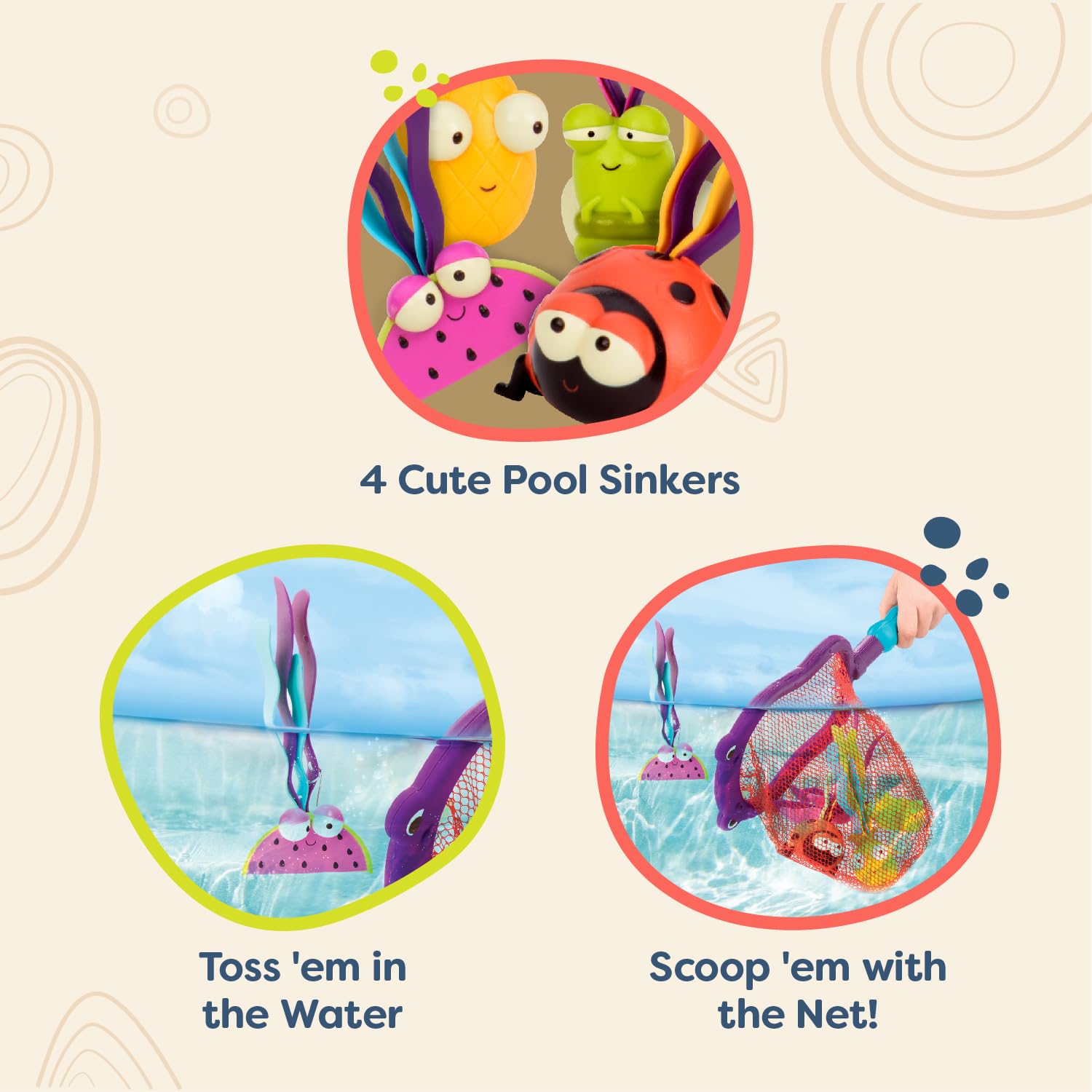 B. Toys Hippo Scoop-A-Diving Pool Toys Set - 5 Piece Water Play Kit with Hippo Net & 4 Fun Water Toys for Kids Ages 3+ - Perfect for Pool Parties, Beach Fun & Summer Outdoor Play