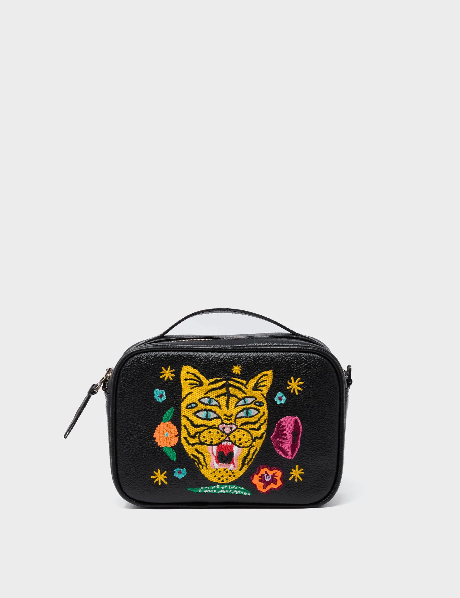Verto Black Leather Crossbody Bag with Tiger and Flowers Embroidery - Stylish Women's Purse for Daily Use, Travel & Shopping