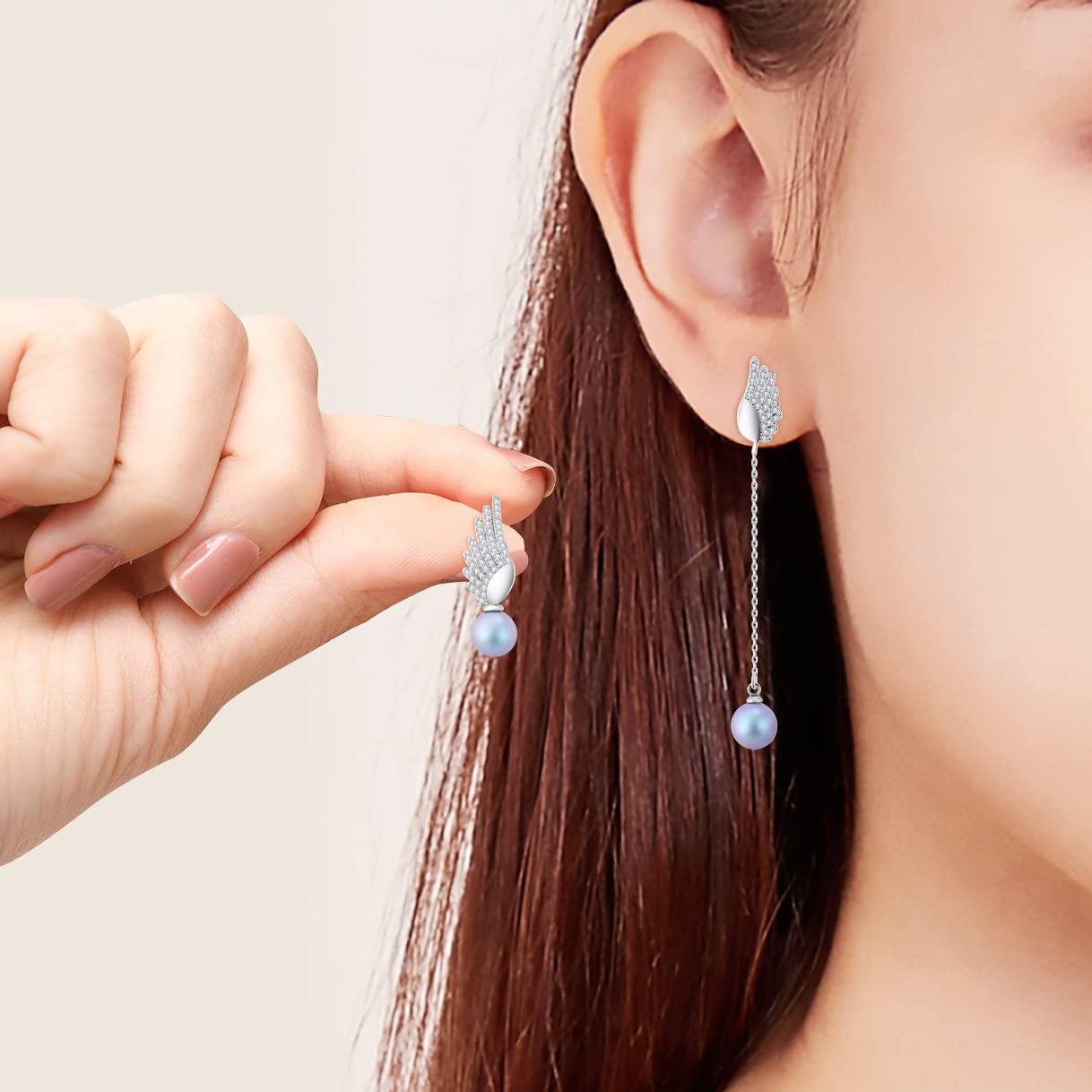 Richapex Asymmetrical Pearl Drop Dangle Earrings - 925 Sterling Silver Frosted Crystal Earrings with Angel Wing Design | Hypoallergenic Jewelry for Women | Perfect Anniversary & Birthday Gift for Her | Elegant for Weddings, Parties & Special Occasions