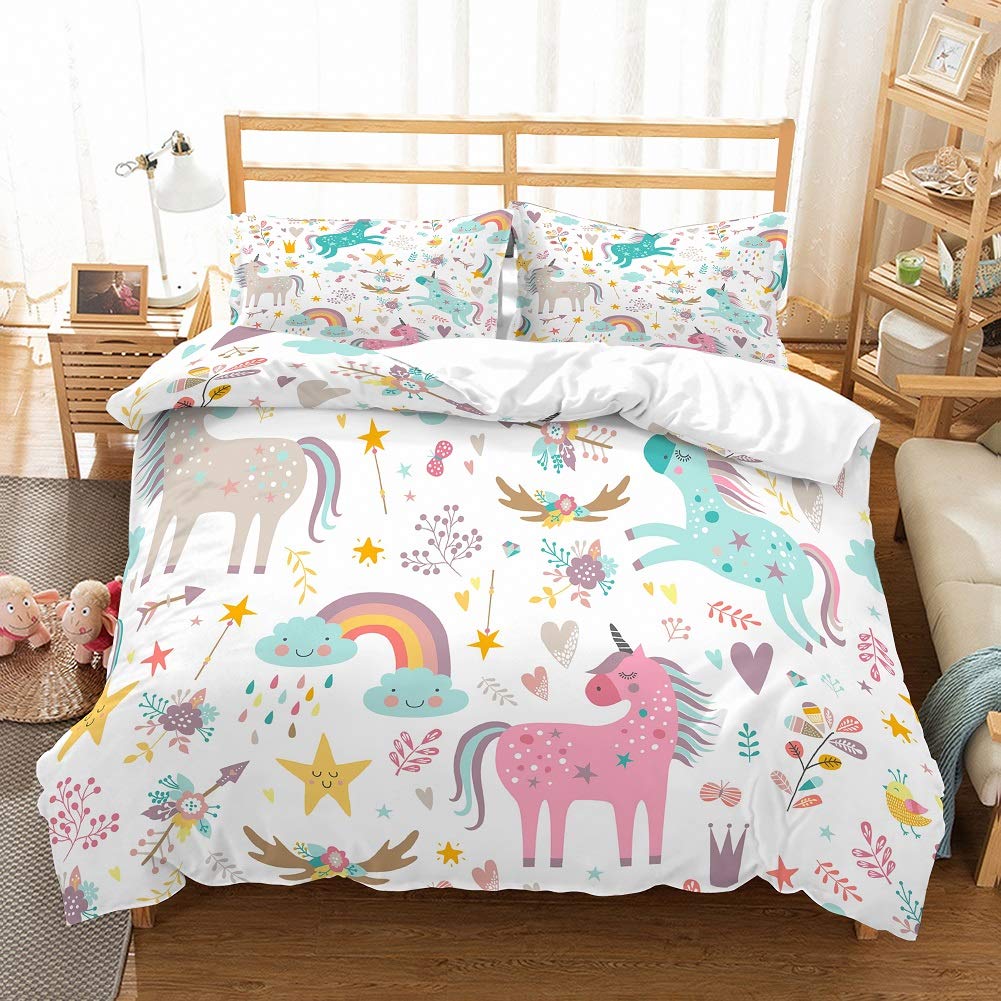 PATATINO MIO Girls Unicorn Duvet Cover Set - Queen Size Pink/Blue/Gray Unicorn Print with Floral Woodland, Rainbow & Gold Stars Design - 3 Piece Bedding Set Includes 2 Pillow Shams (Comforter Not Included) - Perfect for Kids' Bedrooms, Birthday Gifts & Fantasy-Themed Decor