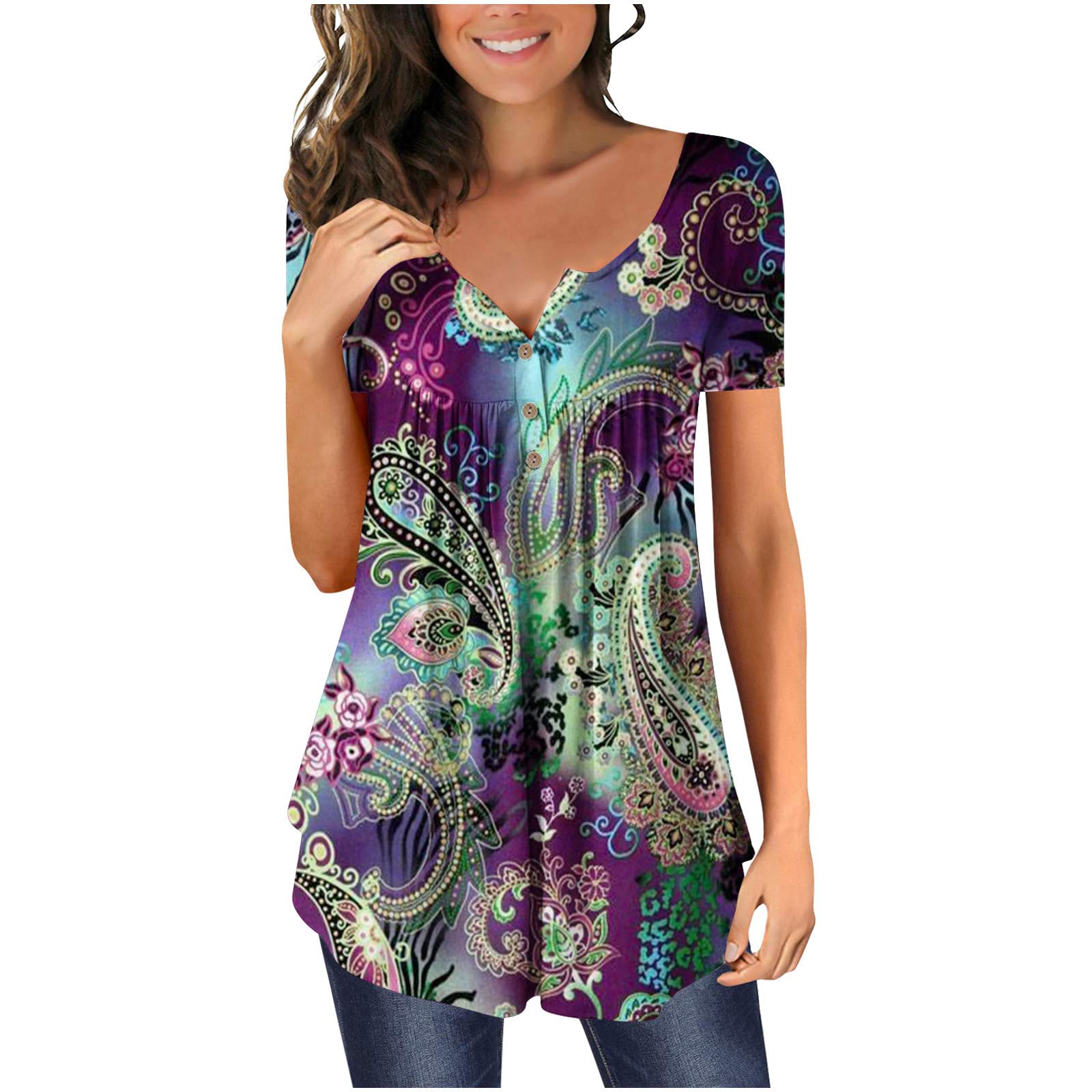 2022 Women's Hide Belly Tunic Tops - Flowy Pleated Short Sleeve Blouse with V-Neck Buttons | Casual & Dressy Printed Tee Shirt for Work, Date Night & Summer Outfits