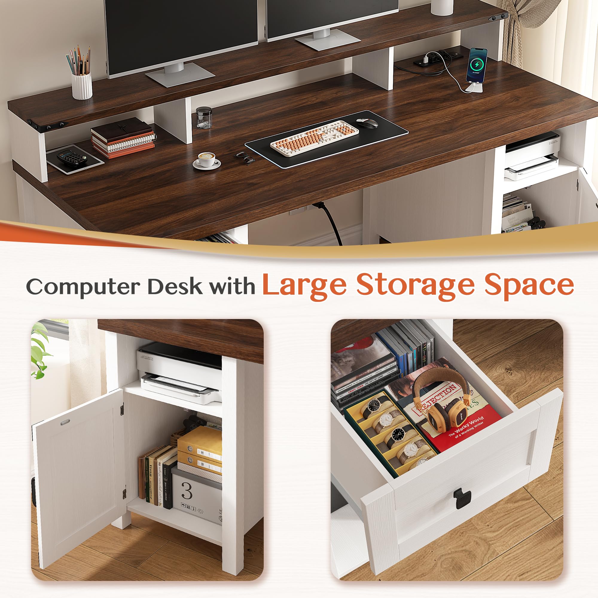 Farmhouse Office Desk with Drawers & Power Outlets - 55