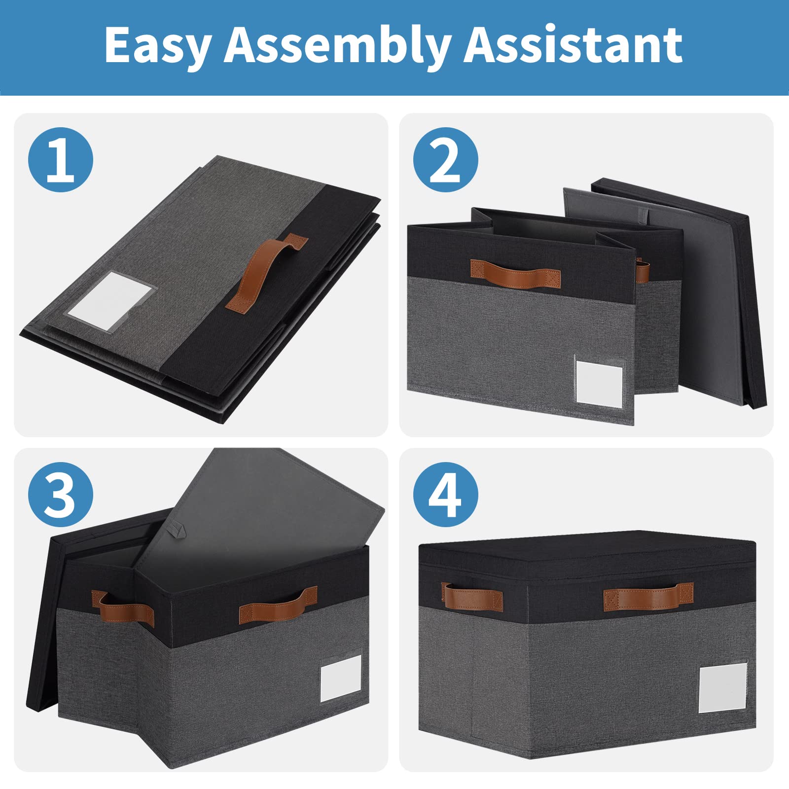 Extra Large Storage Bins with Lids 6 Pack - Foldable Fabric Storage Boxes with 3 Leather Handles & Label Window (15.75x11.8x10.2, Grey&Black) | Perfect for Closet Organization, Toy Storage & Home Decor