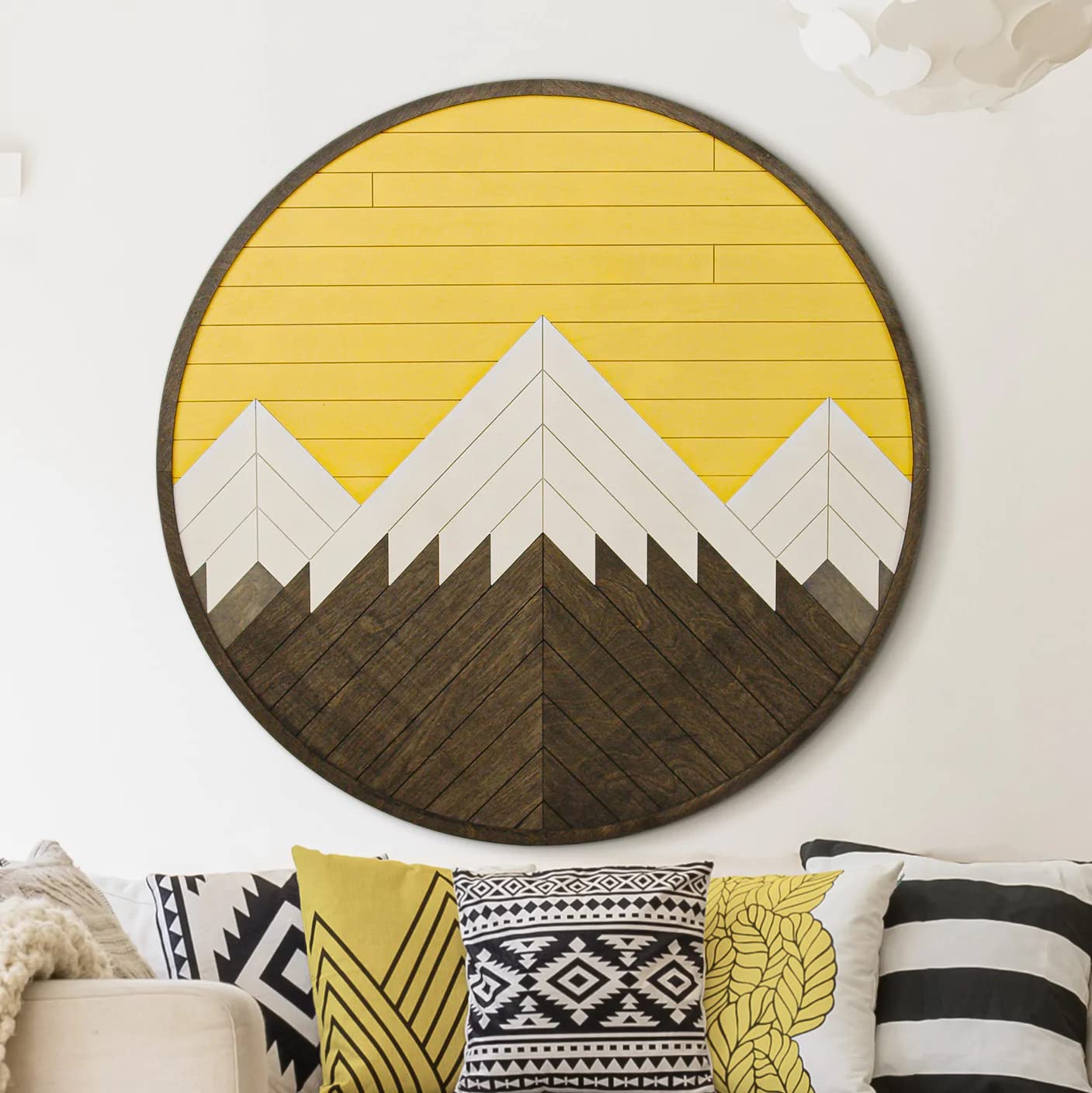 Modern Round Mountains Wooden Wall Art Panel - Large Geometric Wood Wall Hanging Decor for Living Room, Bedroom & Office - Handcrafted Wooden Wall Sculpture for Home & Office Decor