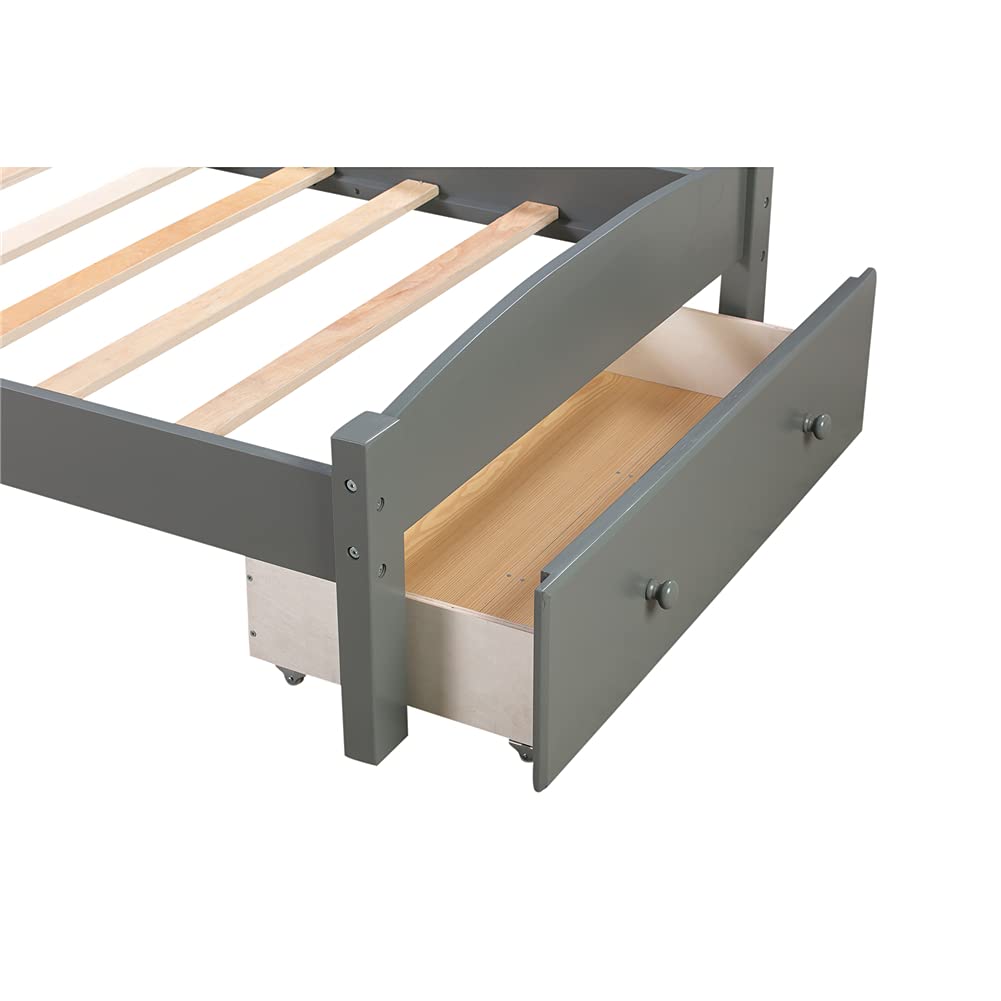 Twin Size Platform Bed Frame with Storage Drawers - Solid Pinewood Bed with Wide Plank Curved Headboard, Under Bed Storage Space - Perfect for Small Bedrooms, Guest Rooms & Studio Apartments (Gray)