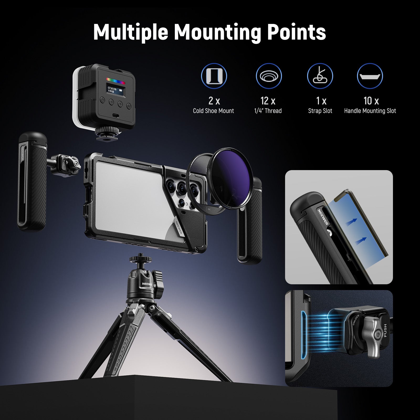 NEEWER PA082 Phone Cage for Samsung S25 Ultra - 67mm Filter Mount, 17mm & T-Mount Adapters - Perfect for Smartphone Photography & Videography