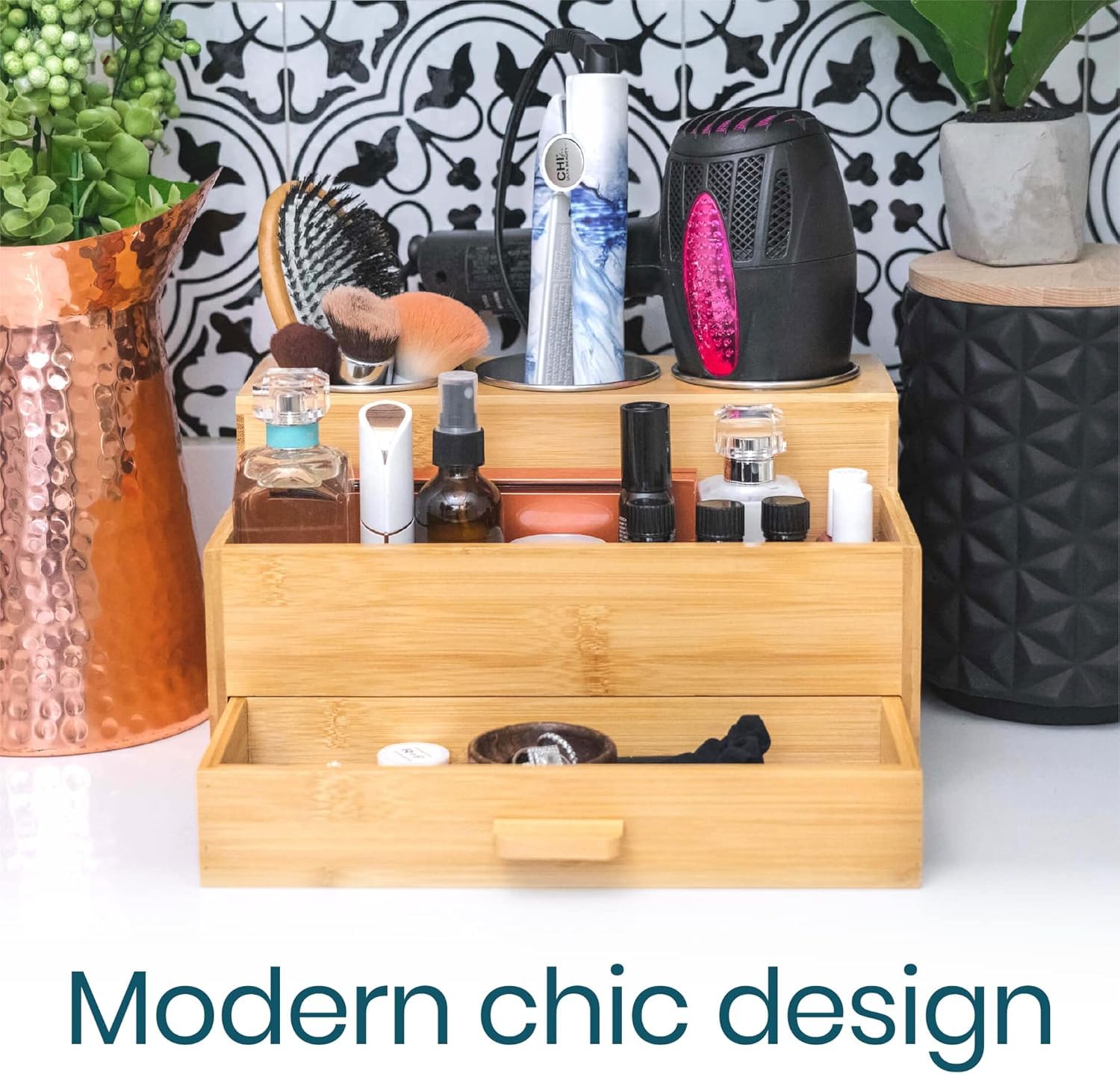 Bamboo Hair Tool Storage Organizer for Bathroom, Kitchen & Makeup | Perfect for Storing Blow Dryer, Straightener & Brushes | Space-Saving Vanity & Travel Organizer