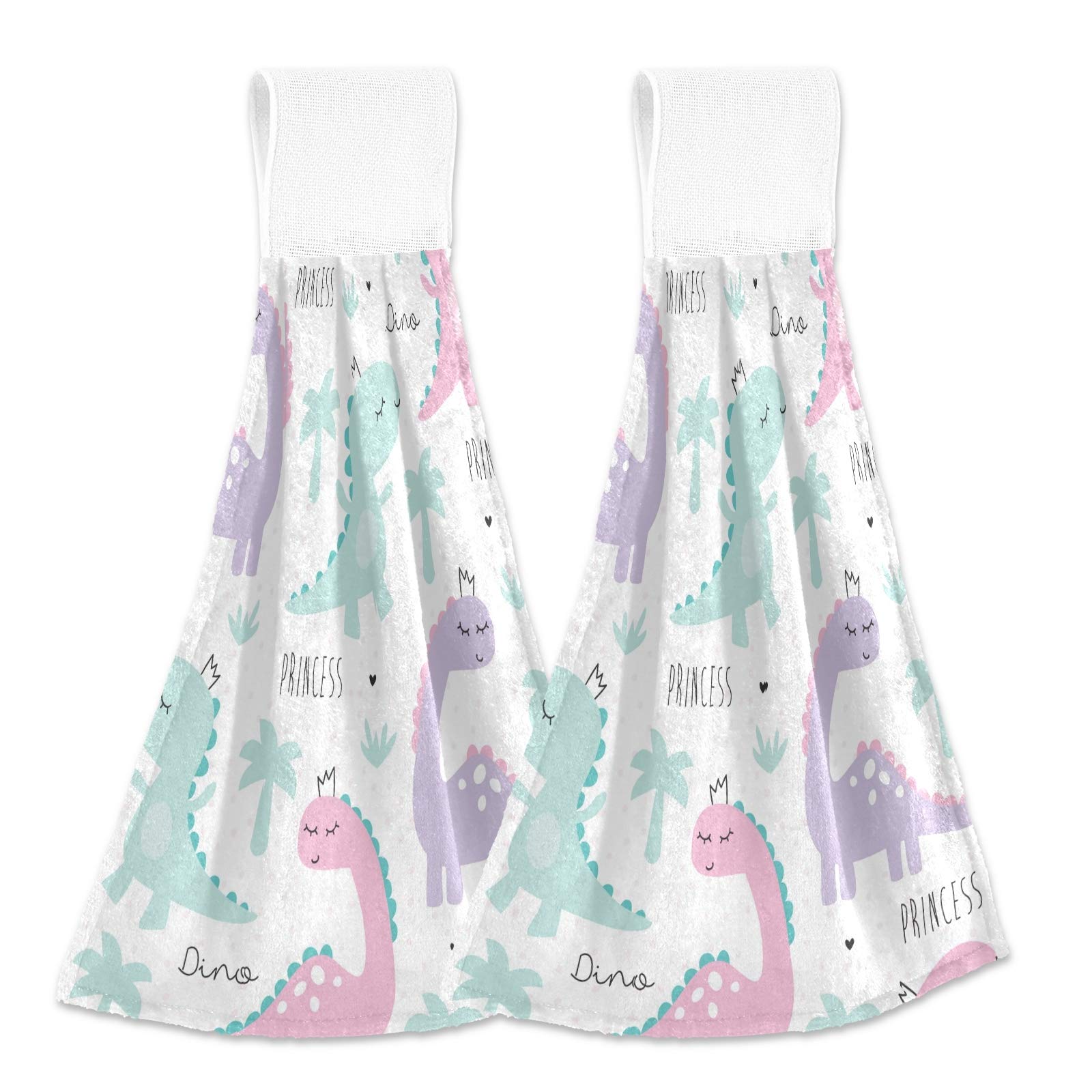 Qilmy 2-Pack Dinosaur & Princess Hook & Loop Hanging Towels - Super Absorbent 12x17 Inch Kitchen & Bathroom Hand Towels for Kids - Perfect for Bathrooms, Kitchens, Playrooms & Daycare Centers