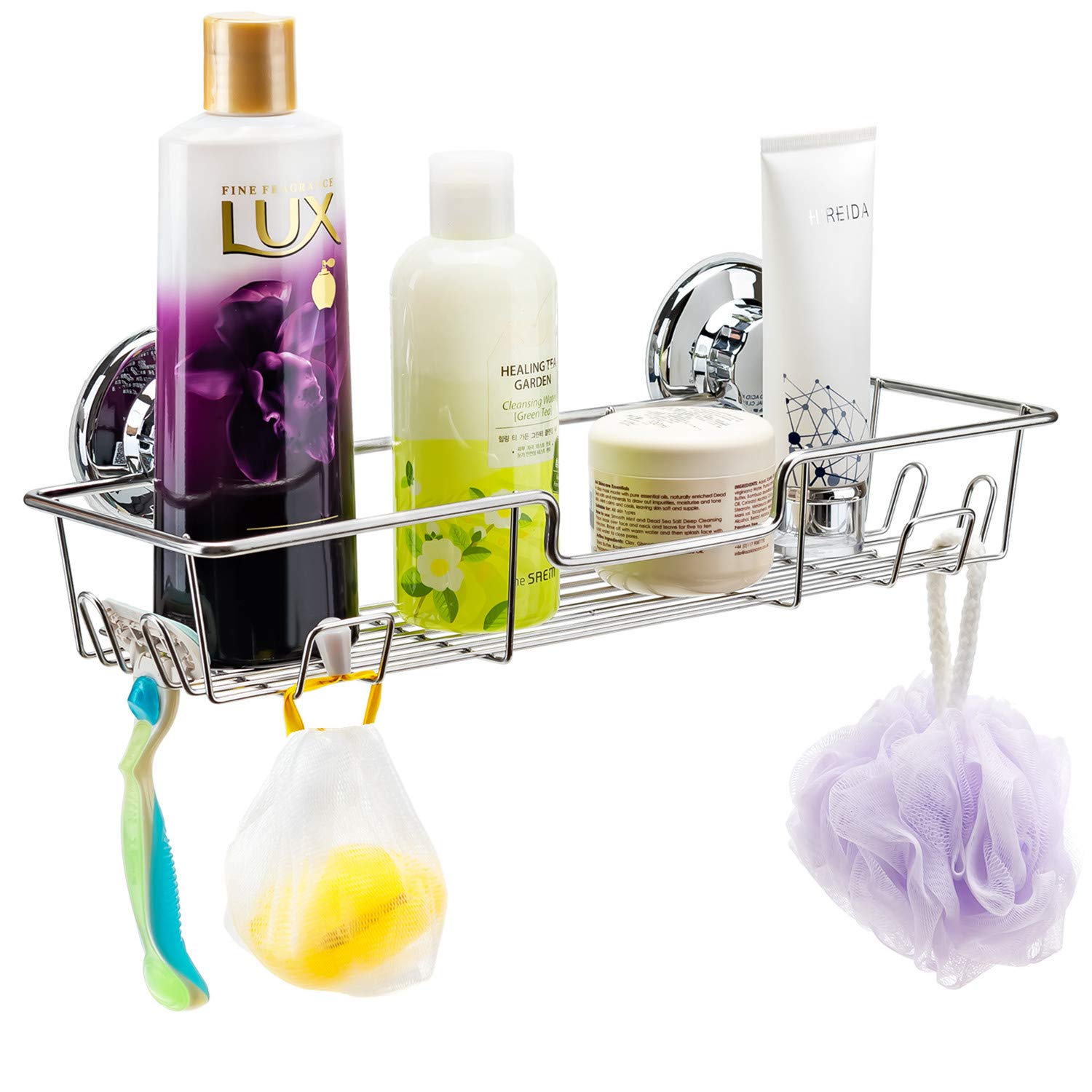 iPEGTOP L-4C Strong Suction Cup Shower Caddy with 4 Hooks - Rustproof Chrome Bathroom Organizer for Shampoo, Conditioner, Soap & Razor Storage - Perfect for Shower, Bathtub and Bathroom Organization
