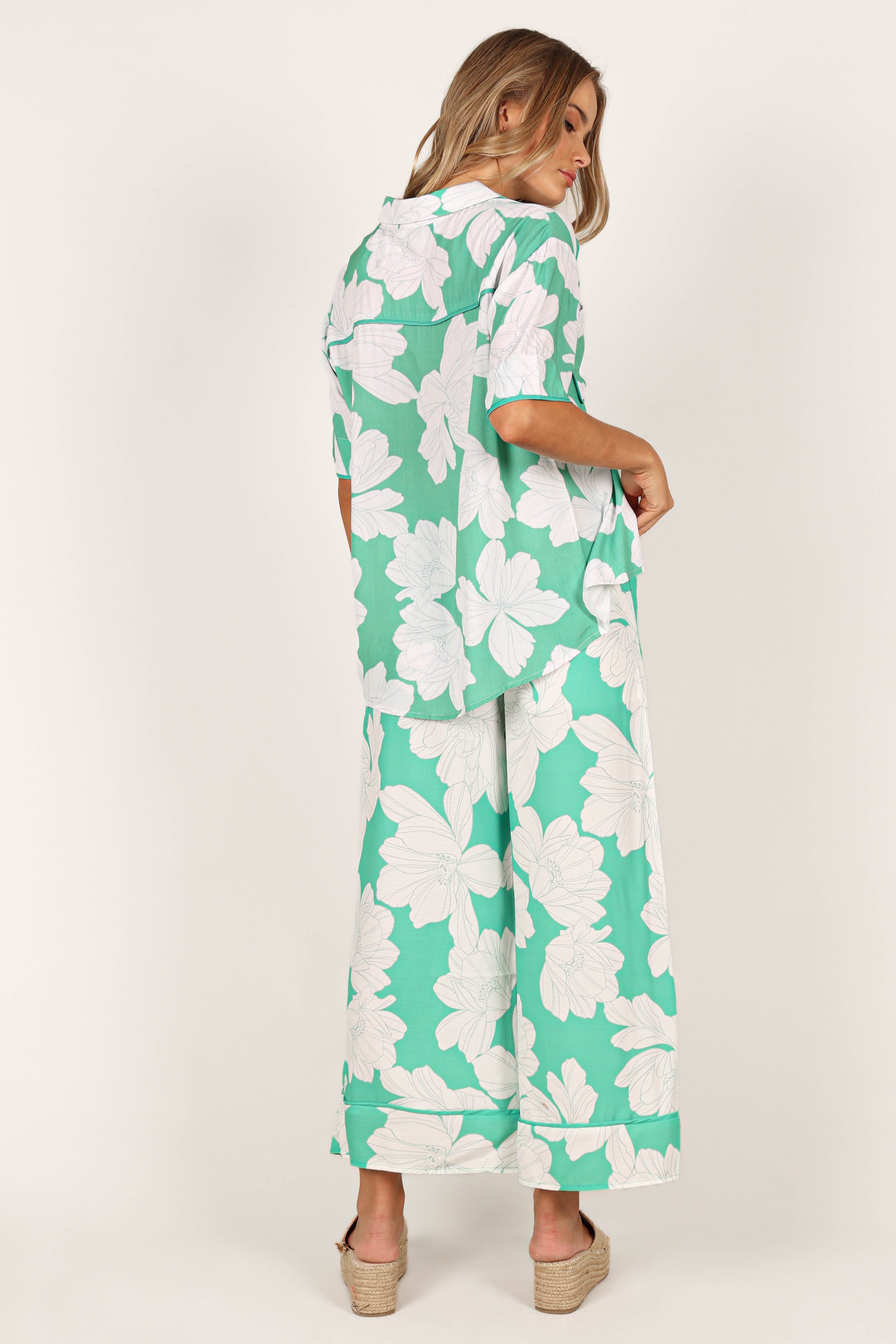 Bentley Women's Wide Leg Pants - Green Floral Print High Waist Linen Trousers for Casual Wear & Summer Outfits