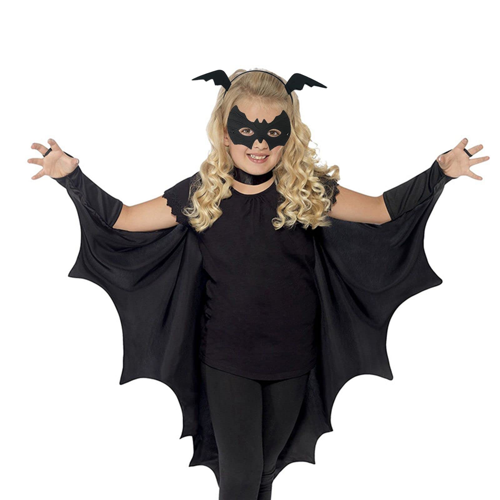 Kids Bat Wings Costume Set with Eye Mask, Headband & Hair Clips - 4Pcs Halloween Dress Up Outfits for Girls | Perfect for Halloween Parties, Cosplay & Pretend Play
