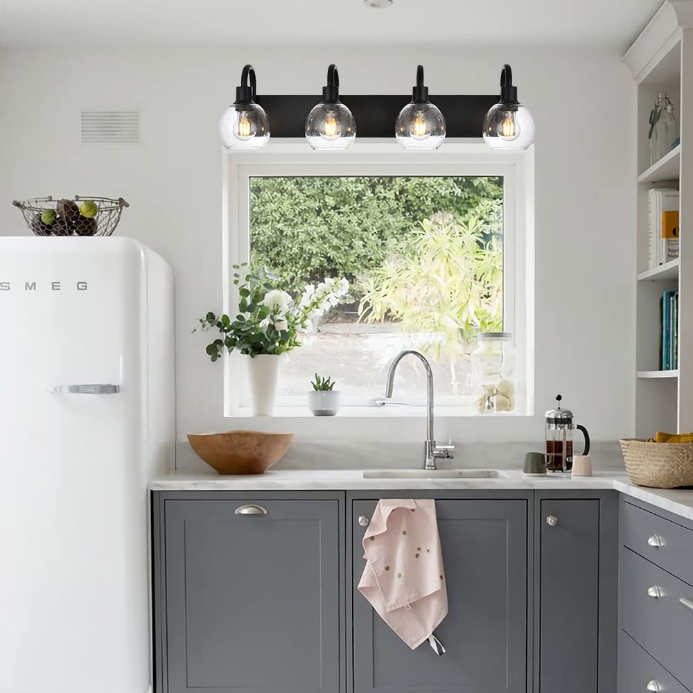 4-Lights Black Industrial Bathroom Vanity Light Fixtures with Seeded Glass Lampshades - Over Mirror Wall Lighting for Modern Bathroom & Powder Room Decor