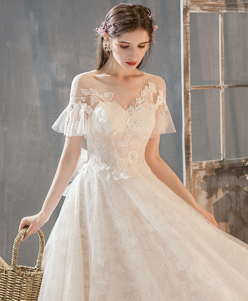 Elegant Light Champagne Tulle Lace Long Wedding Dress - Romantic Lace Bridal Gown for Beach, Church & Garden Weddings
