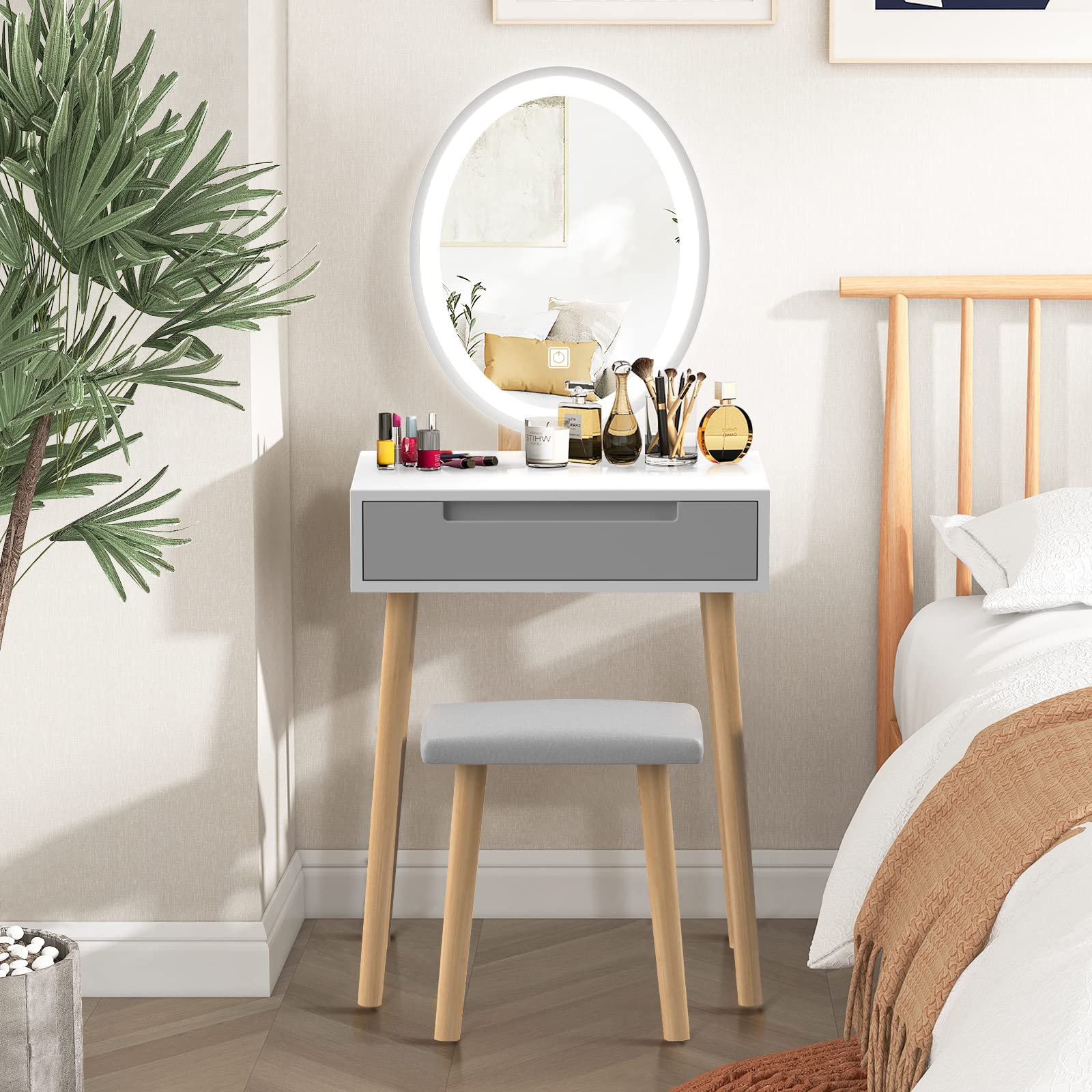 YOURLITE Small Vanity Desk with Mirror & LED Lights, Makeup Vanity Table with Chair & Storage Drawers, Compact Grey Vanity Desk for Bedroom - Perfect for Small Spaces, Home Makeup Studio & Dressing Area