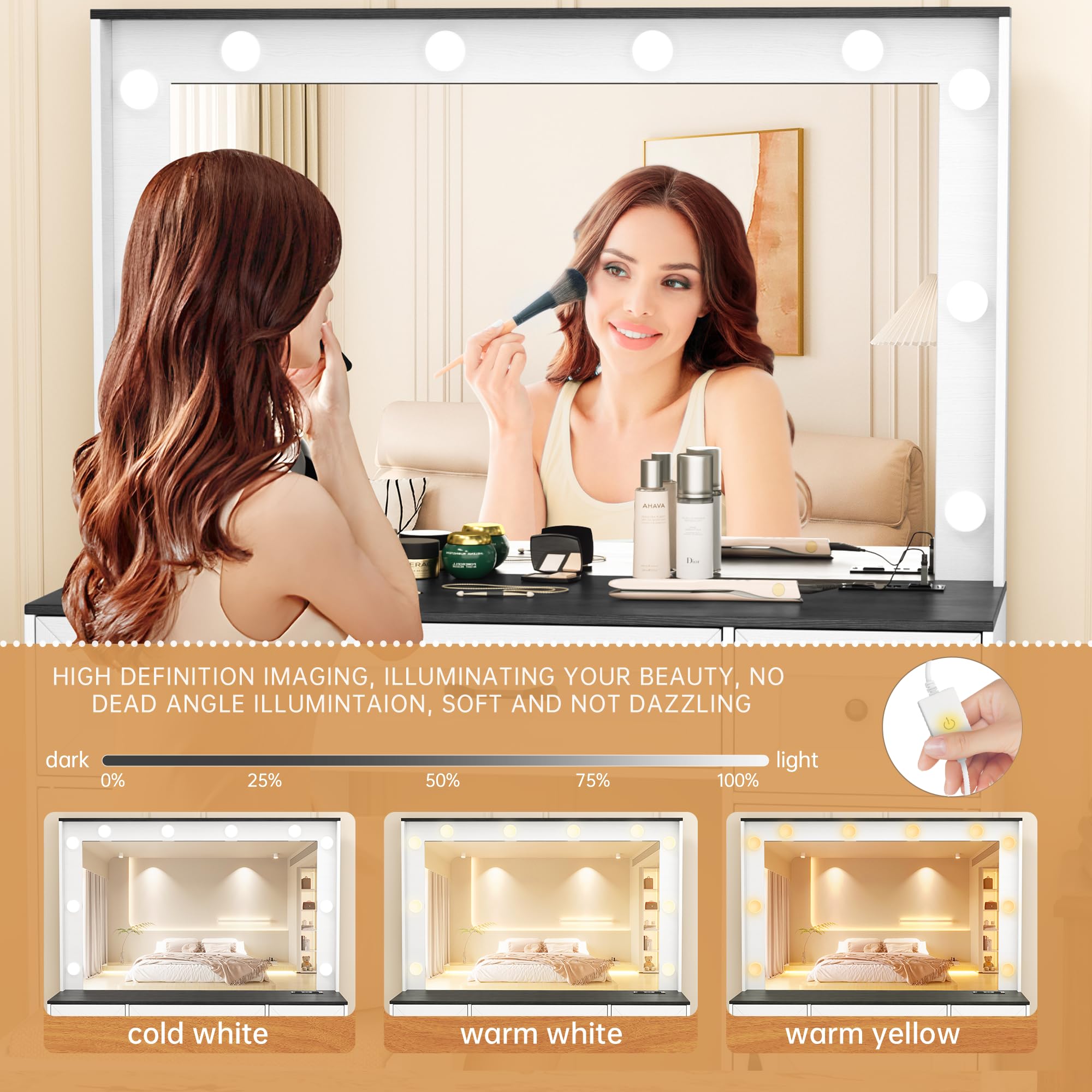 Greenvelly Farmhouse Vanity Set with Lights - White Vanity Desk with Mirror, 3 Lighting Modes, Drawers & Matching Chair - Dressing Table for Women & Girls | Perfect for Bedroom, Makeup Room & Home Decor