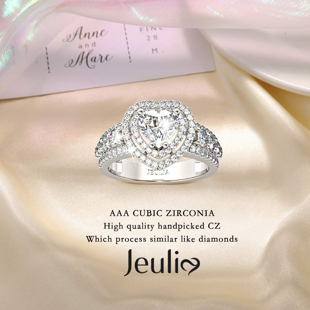 Jeulia 925 Sterling Silver Double Halo Heart Cut CZ Solitaire Engagement Ring with Side Stones - Romantic Promise Ring for Women, Anniversary Gift, Valentine's Day Present, Perfect for Proposals & Special Occasions