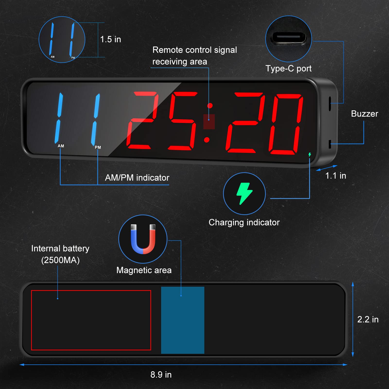 Jhering Interval Timer for Workouts, Portable Rechargeable Gym Timer with Built-in Magnet, Large Anti-Dizziness Digital Display - Perfect for Home Gym, HIIT Training & Boxing Workouts