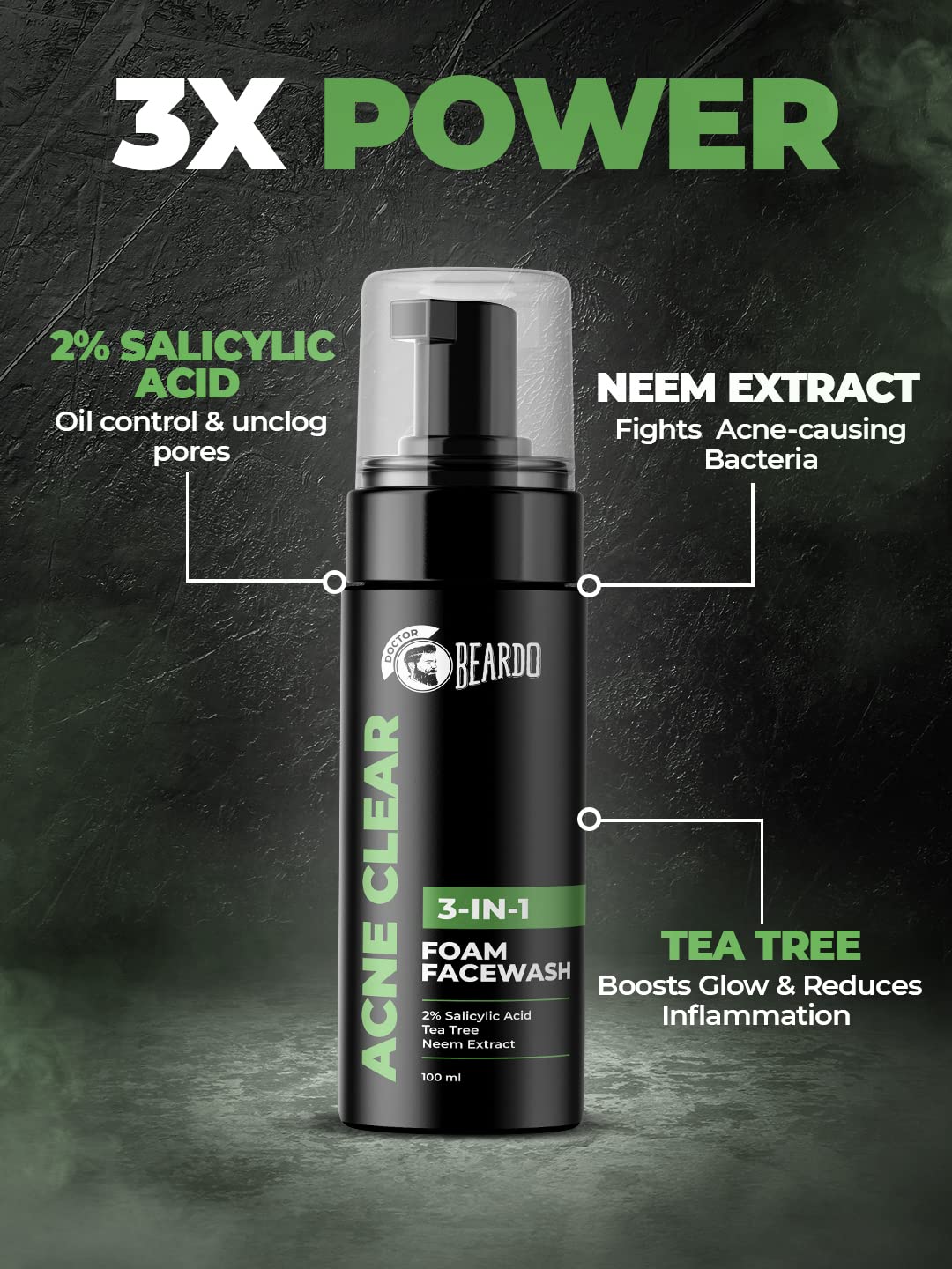 Beardo Acne Clear Foam Face Wash for Men - 100ml | 3-in-1 Acne Treatment with 2% Salicylic Acid | Oil-Free & Pimple Control | Perfect for Daily Skincare Routine & Gym Aftercare