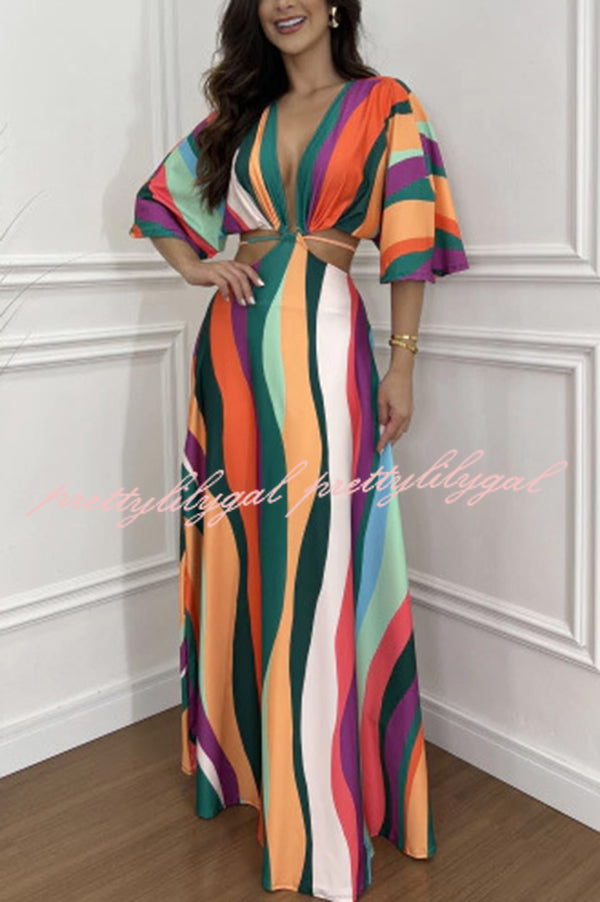 Wilma Unique Print Cutout Elastic Waist Tie Up Kimono Sleeve Maxi Dress - Women's Flowy Summer Beach Cover Up Dress for Vacation, Party & Boho Fashion