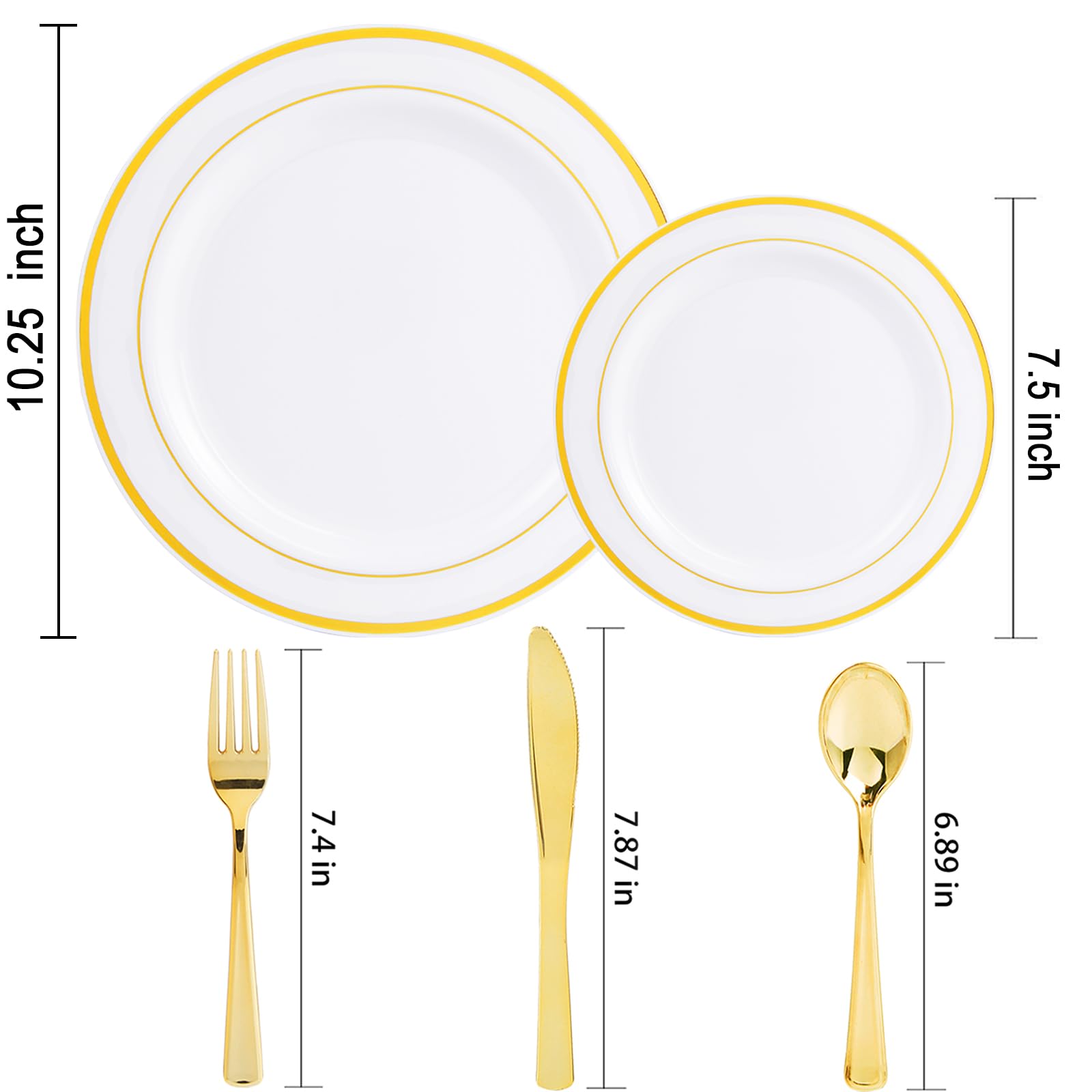 DaYammi 150-Piece Gold Plastic Dinnerware Set - 30 Gold Rim Dinner Plates, 30 Salad Plates, 30 Plastic Cutlery Sets | Elegant Disposable Tableware for Weddings, Parties, and Special Events