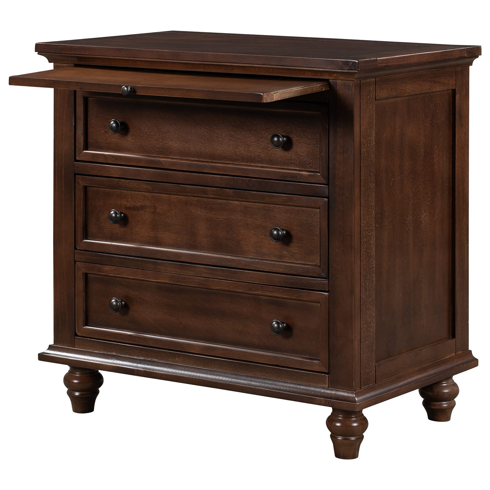 Henf 3-Drawer Wood Storage Cabinet - Nightstand with Pull-Out Tray, Bedside Table & End Table for Bedroom & Living Room - Fully Assembled Brown Furniture (Perfect for Small Spaces, Dorm Rooms & Apartment Decor)
