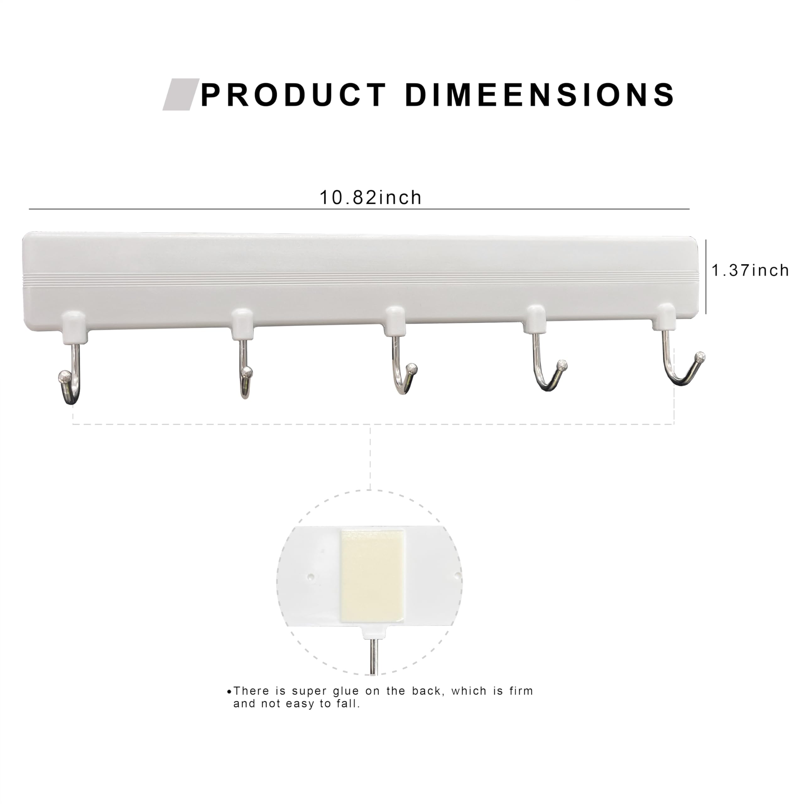 10.82-Inch Heavy Duty Adhesive Hook Rack with 5 Hooks - Holds Up to 4.4 lbs - Strong Wall Mount for Bathroom, Kitchen, Dorm & Office Organization