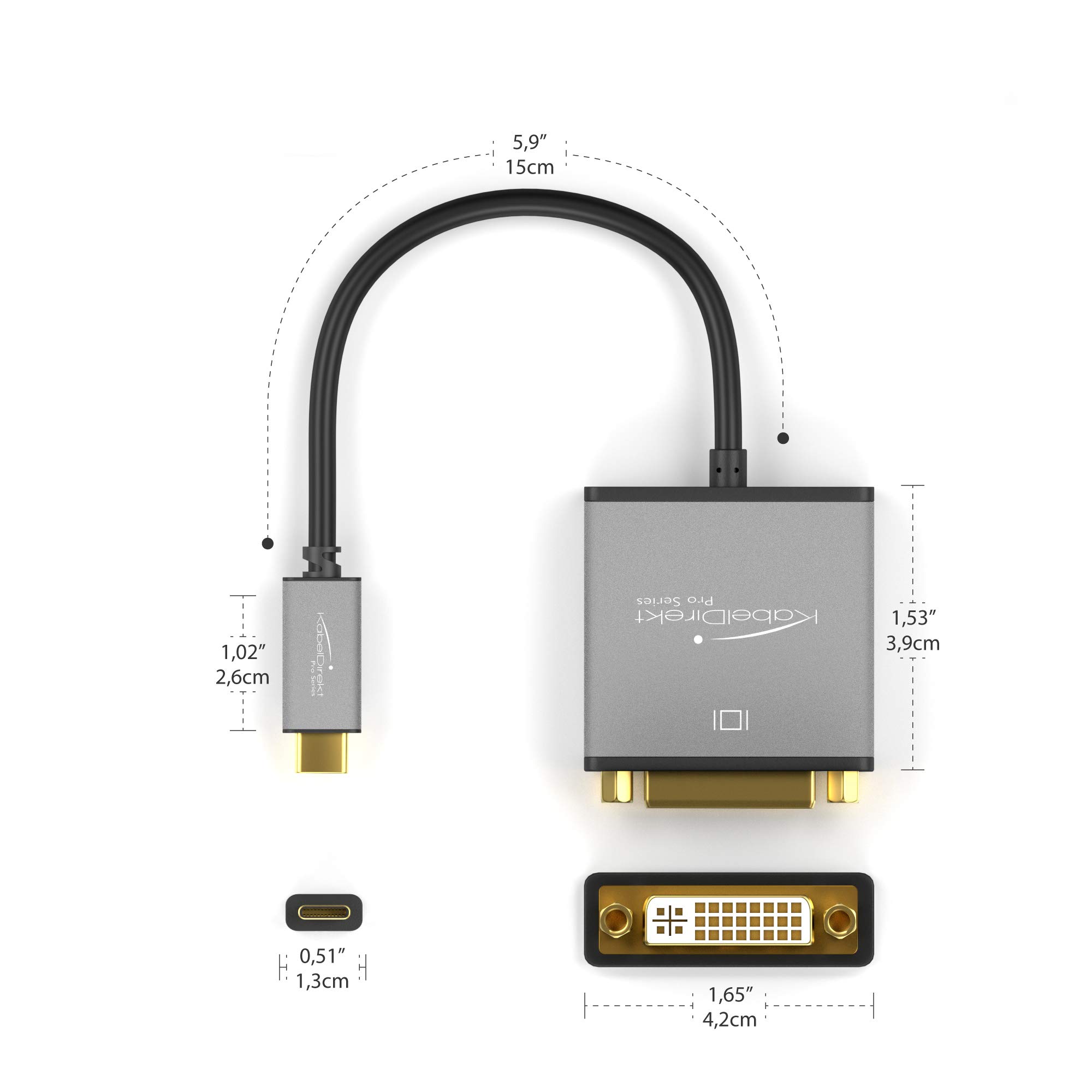 KabelDirekt PRO Series USB C to DVI Adapter 0.15m - 4K/30Hz Resolution, USB 3.1 & Thunderbolt 3 Compatible - Works with MacBook Pro 2016/2017, MacBook 12