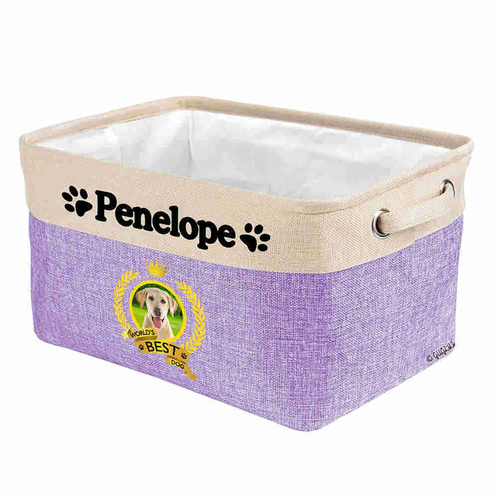 Custom Name Collapsible Dog Toy Storage Basket - Foldable Pet Toy Organizer Bin with Handles for Bedroom, Home, Dog & Cat - Perfect for Labrador Toy Storage & Closet Organization (Purple)