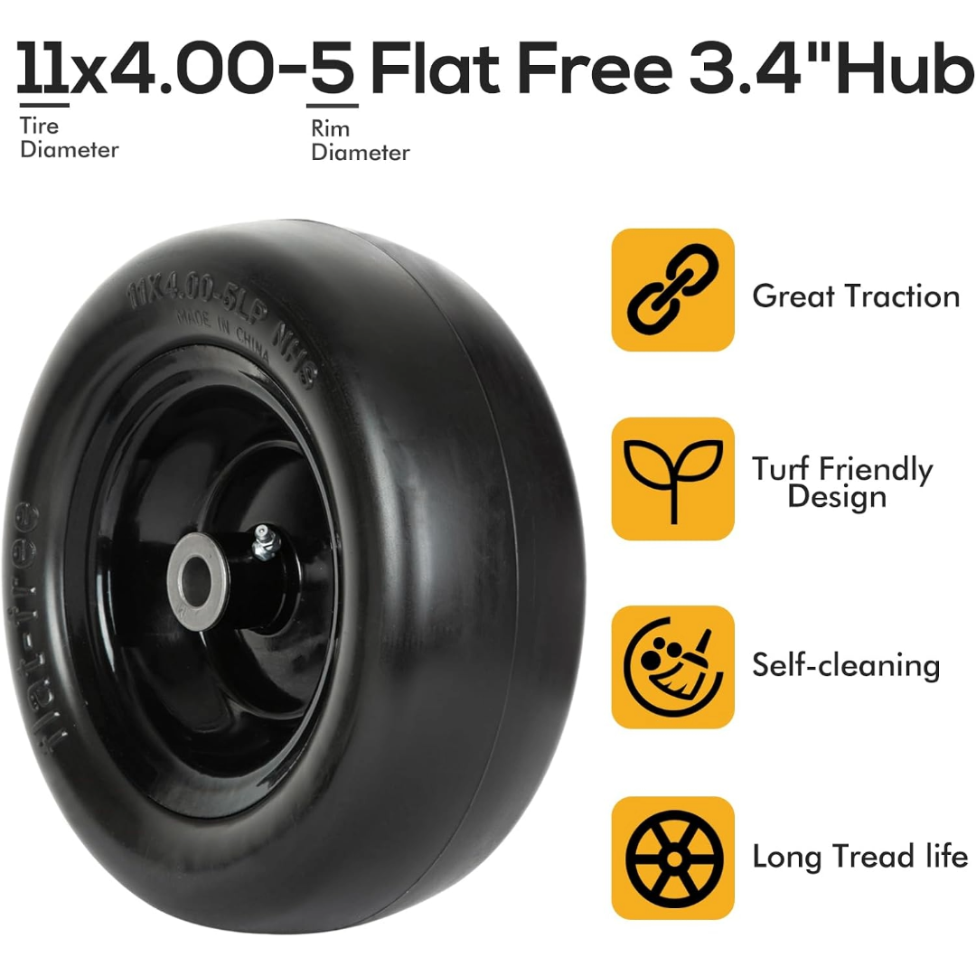 WEIZE 11x4.00-5 Universal Fit Flat Free Lawn Mower Tires with Wheel Assembly - 300lbs Capacity (2 Pack) - Compatible with 3.4