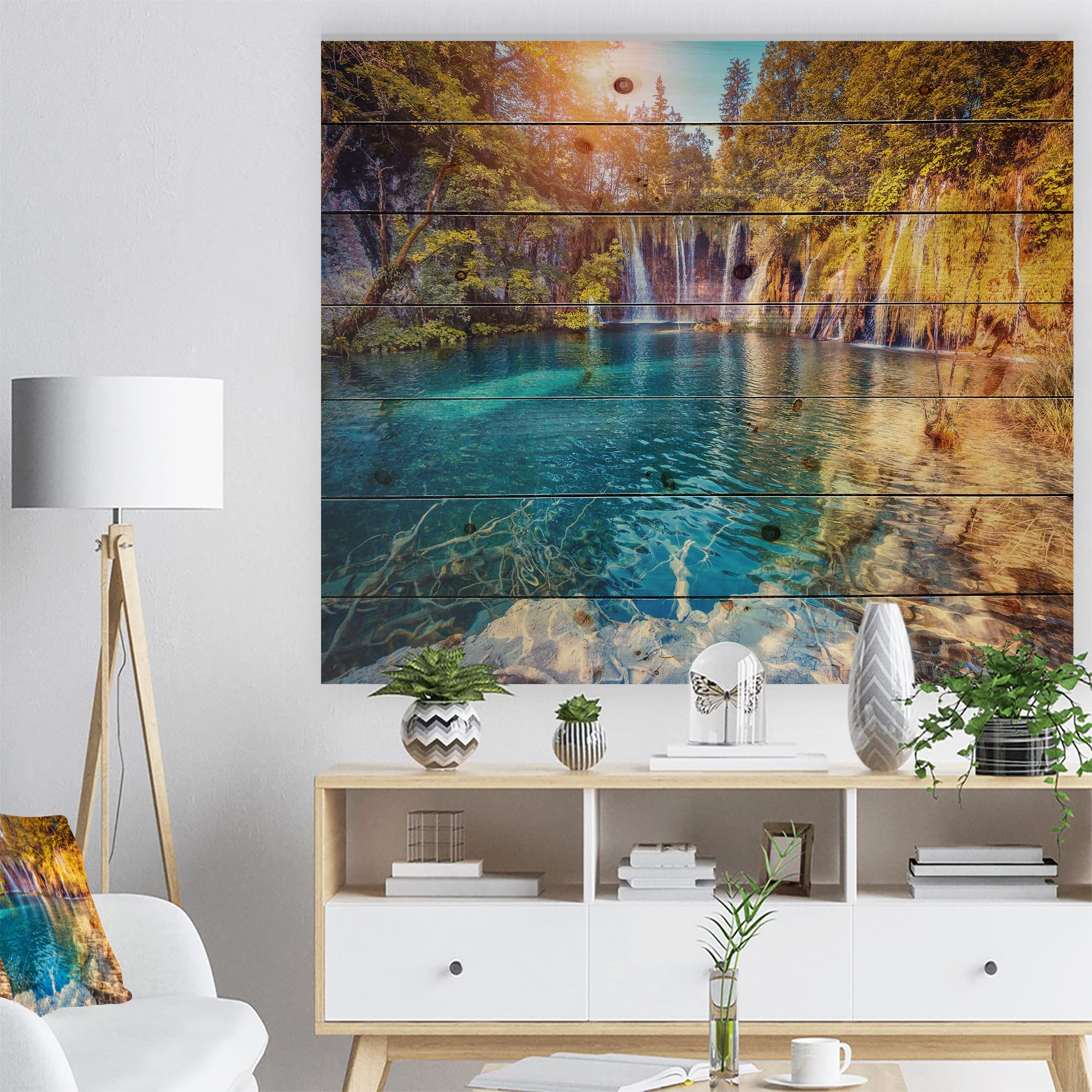 DesignQ Turquoise Water & Sunny Beams Tropical Wood Wall Art - Blue Ocean Landscape Wall Decor Printed on Natural Pine Wood - Perfect for Beach House, Living Room & Bedroom Decor