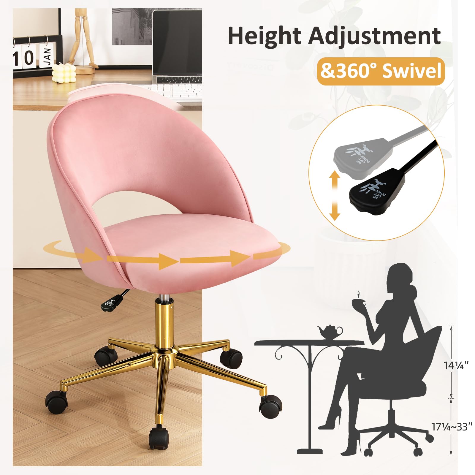 Furniliving Pink Vanity Chair with Back - Cute Rolling Upholstered Accent Chair for Girls, Makeup Room, Bedroom & Living Room - Soft Pink Velvet Office Desk Chair for Women's Dressing Table & Home Decor