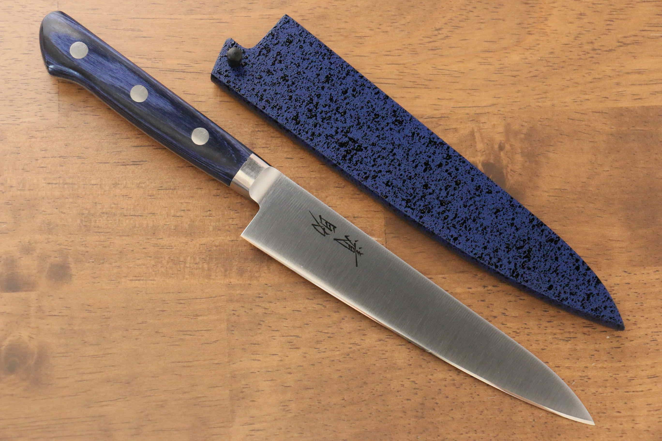 Premium Seisuke Seiten 150mm Molybdenum Petty Utility Knife - Blue Pakka Wood Handle with Protective Sheath - Ideal for Home Cooking, Sushi Prep & Professional Chefs