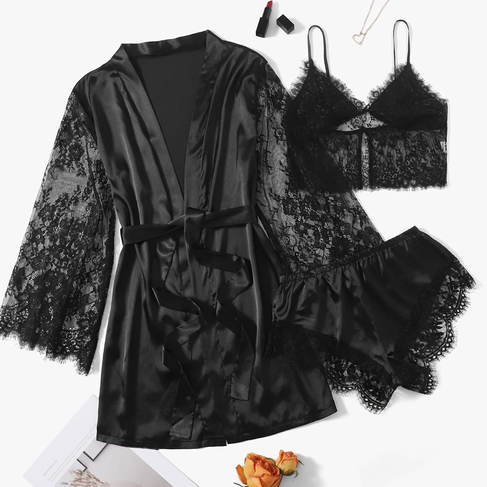 Women's Satin Lingerie Set - Sexy Role Play Nightwear, Pajamas & Sleepwear for Women (Black, XXL) | Perfect for Valentine's Day, Boudoir Photography & Romantic Nights