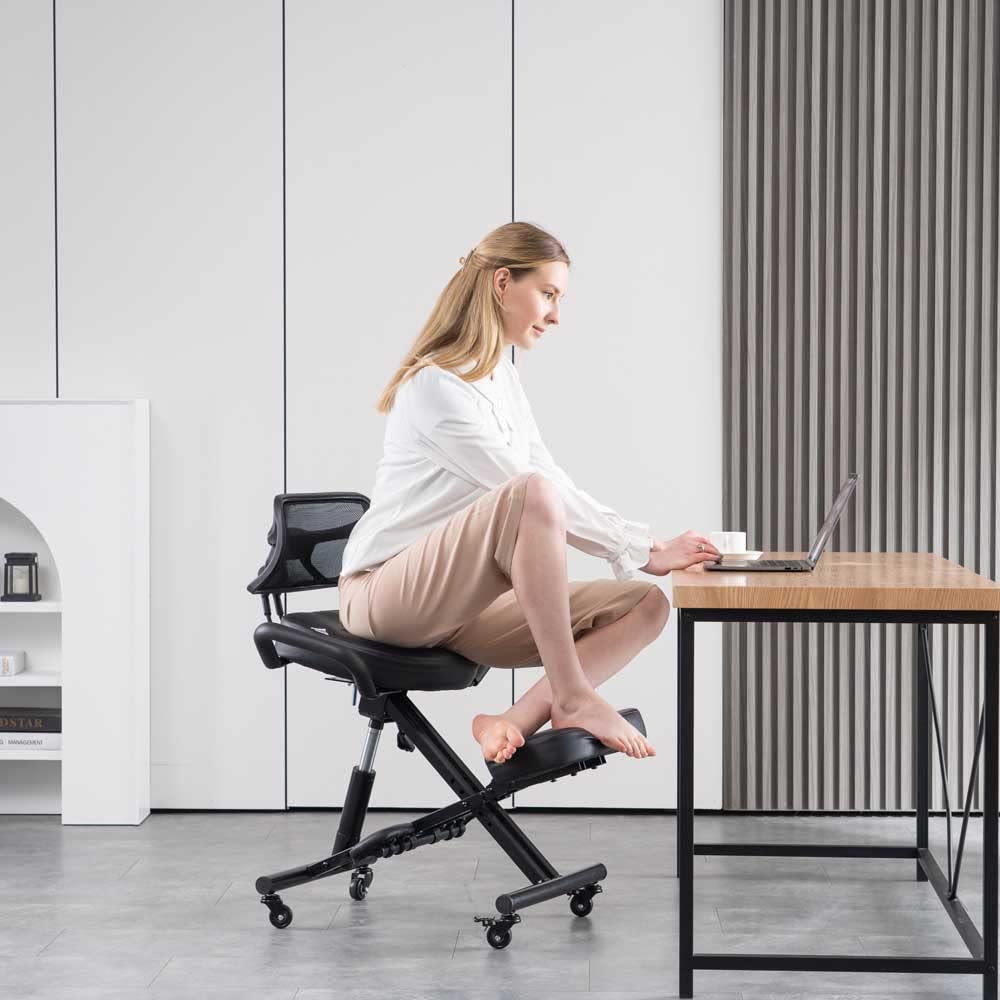 Ergonomic Kneeling Chair with Back Support & Wheels - Adjustable Posture Balance Chair for Office & Home Use - Black - Perfect for Back Pain Relief & Improved Sitting Posture