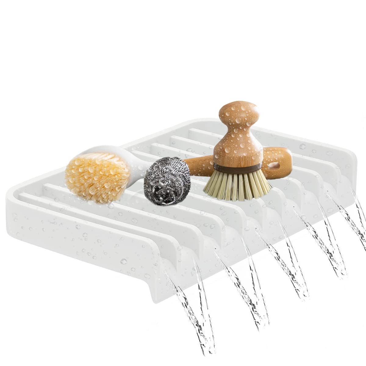 Stainless Steel Kitchen Soap Tray - Large White Dish Soap Holder & Sponge Organizer for Kitchen Sink Counter - Drying Mat & Sink Protector for Bathroom and Kitchen Organization - Perfect for Countertop Storage and Keeping Sinks Clean