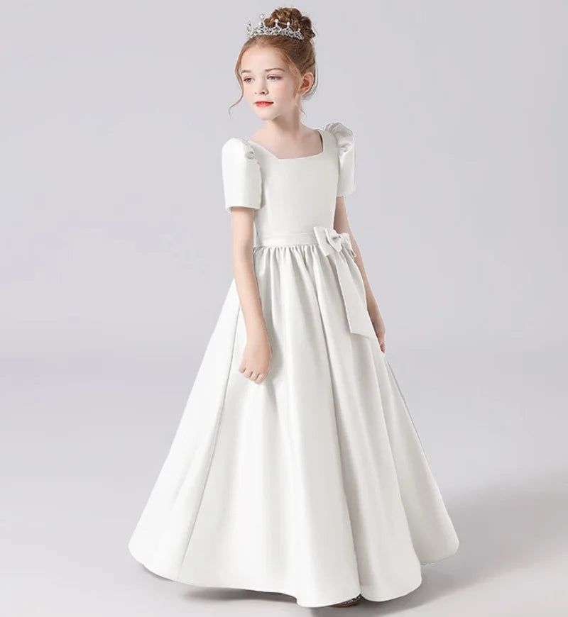 Elegant Lace-Up Flower Girl Dress for Pageants - Soft Satin Girls Gown for Weddings, Baptisms & Special Occasions