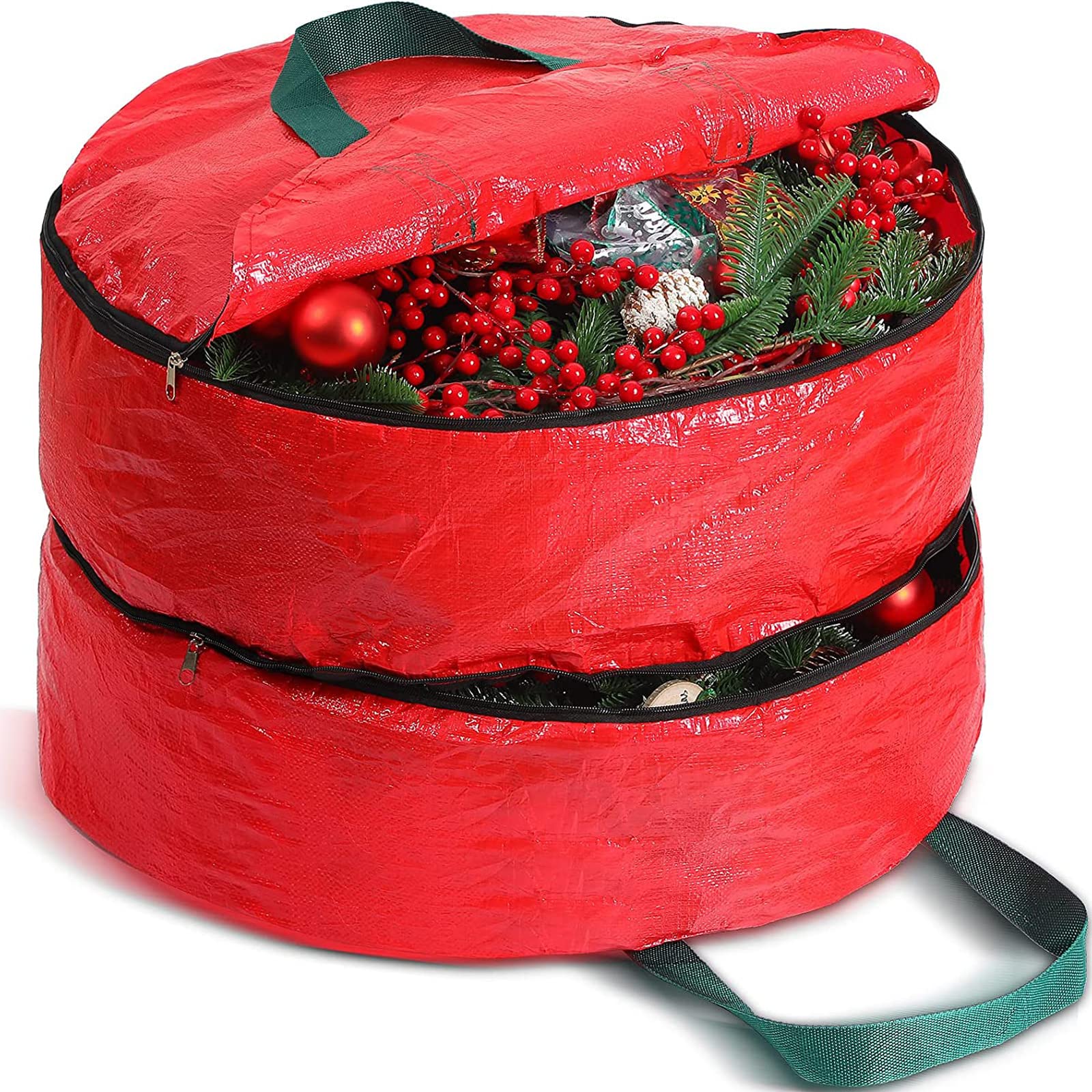 Double Layer Christmas Wreath Storage Bag - 24 Inch Red Holiday Wreath Organizer with Dual Zippers & Handles - Seasonal Decoration Storage Box for Xmas, Winter, Home Decor - Perfect for Storing Garlands, Ornaments & Festive Decor