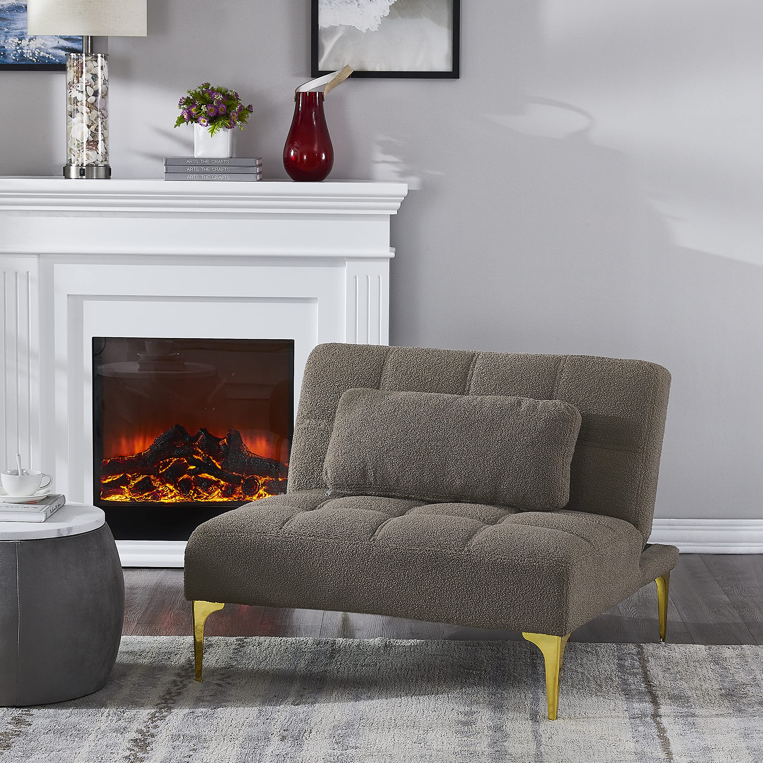 Polibi Modern Convertible Folding Sofa Bed - Adjustable Backrest with Golden Legs & Toss Pillow, Single Sofa Chair in Soft Teddy Fabric (Taupe) for Living Room, Guest Room & Small Spaces