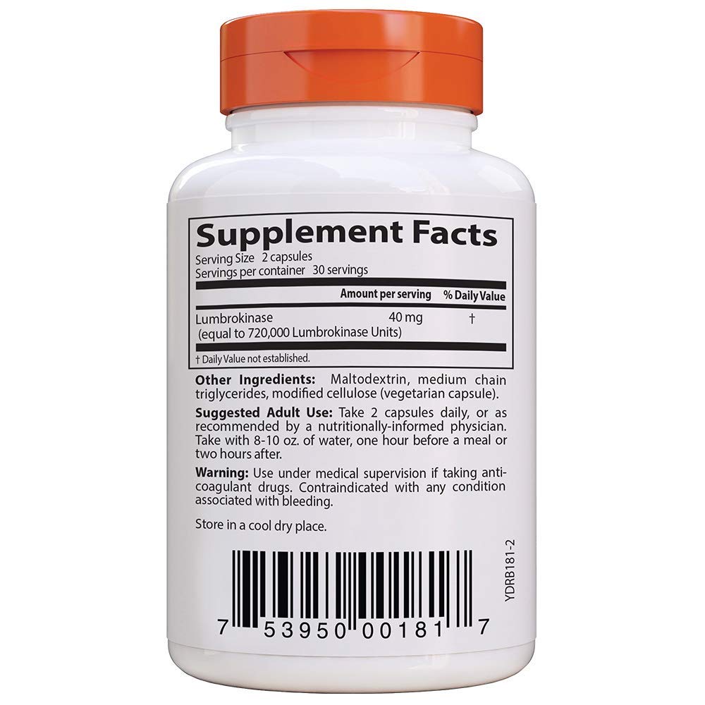 Doctor's Best Lumbrokinase 20mg - 60 Vegetarian Capsules for Cardiovascular Support | Supports Healthy Blood Circulation & Fibrinolytic Activity | Ideal for Travelers & Office Workers